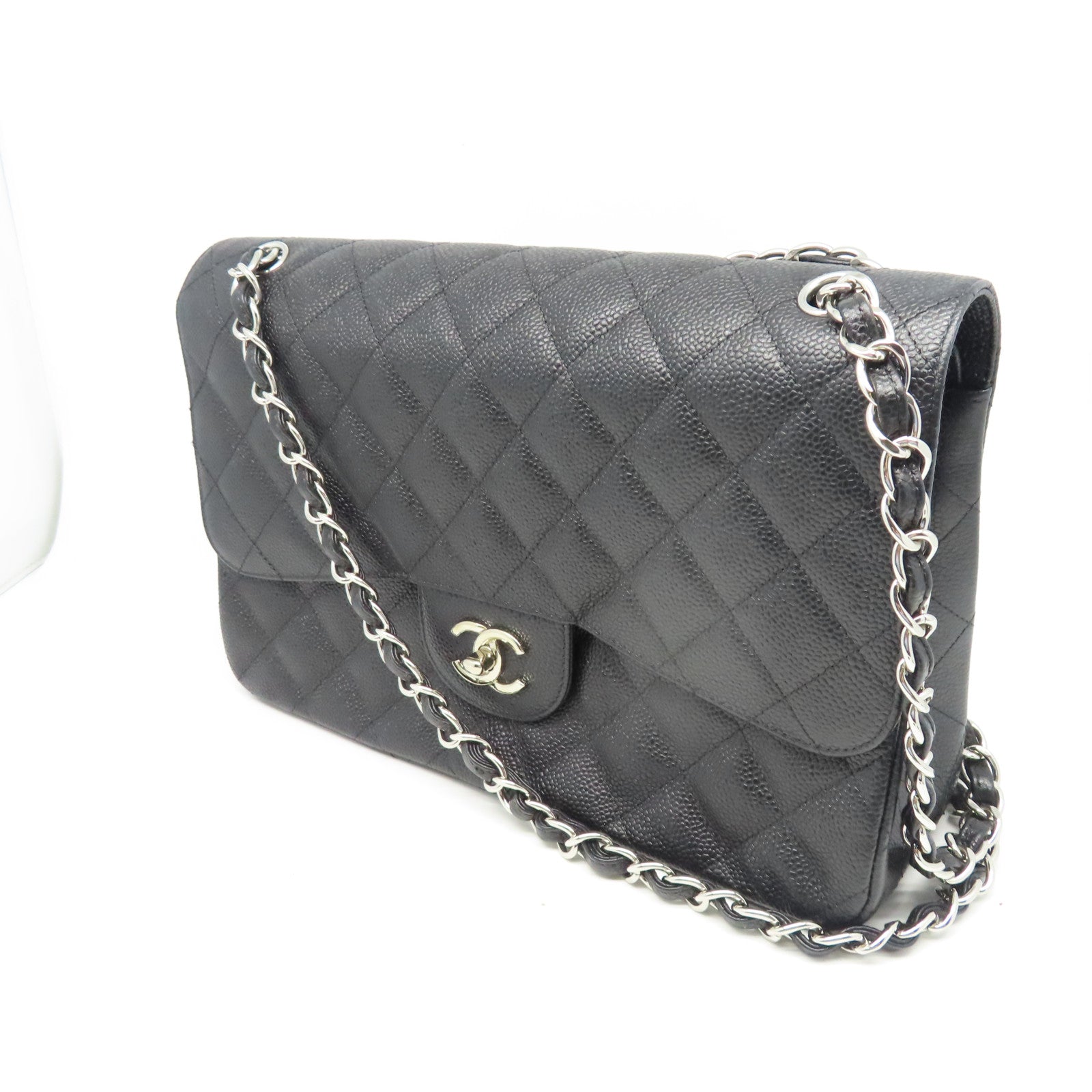 CHANEL 【清倉大減價】菱格Caviar皮革Chain Shoulder金扣鏈帶肩背袋黑色