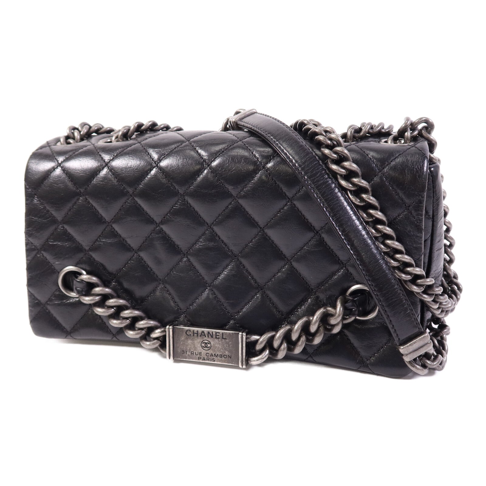 CHANEL 牛皮皮革Chain Shoulder銀扣鏈帶肩背袋