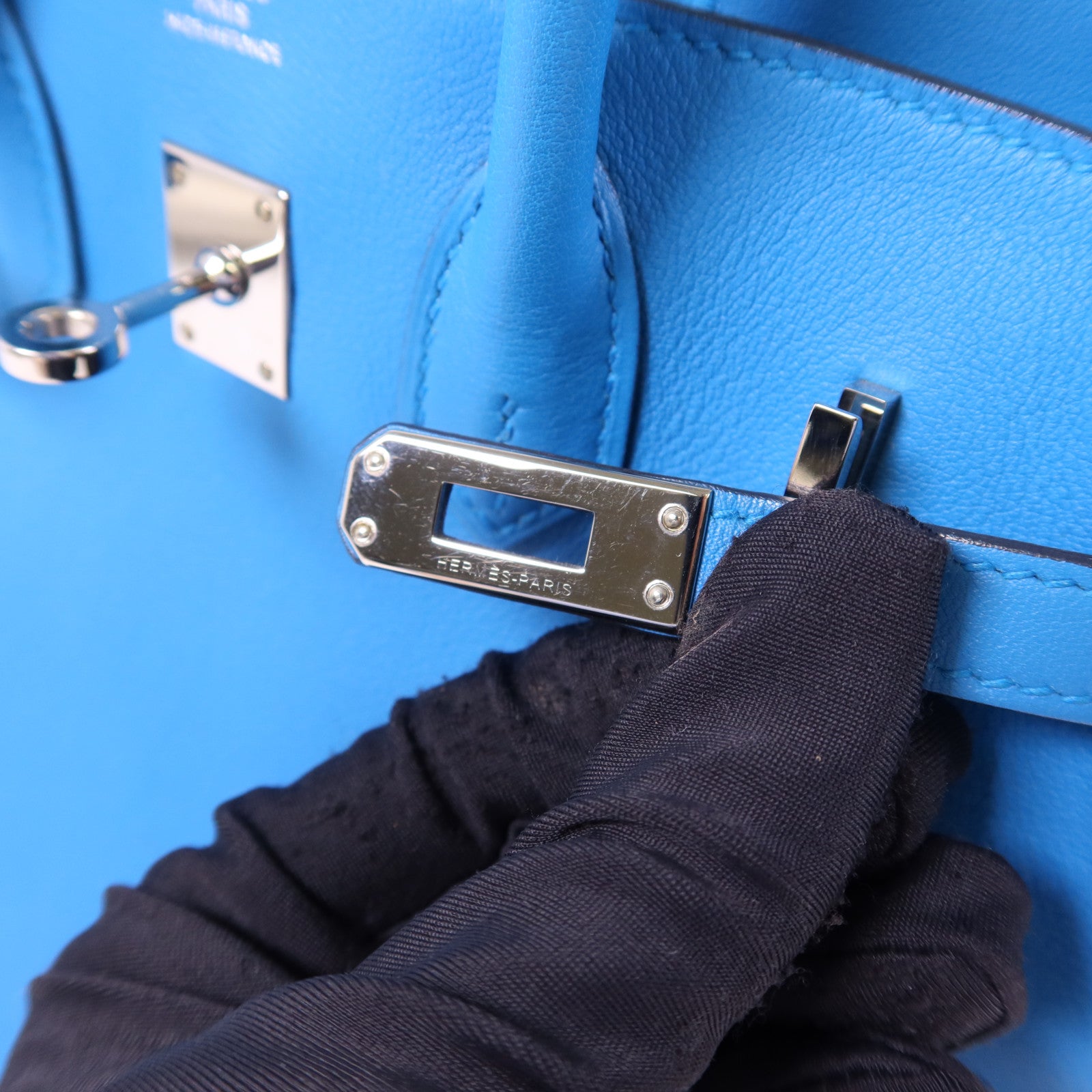 HERMES Swift皮革Birkin 25銀扣手挽袋Bleu Frida