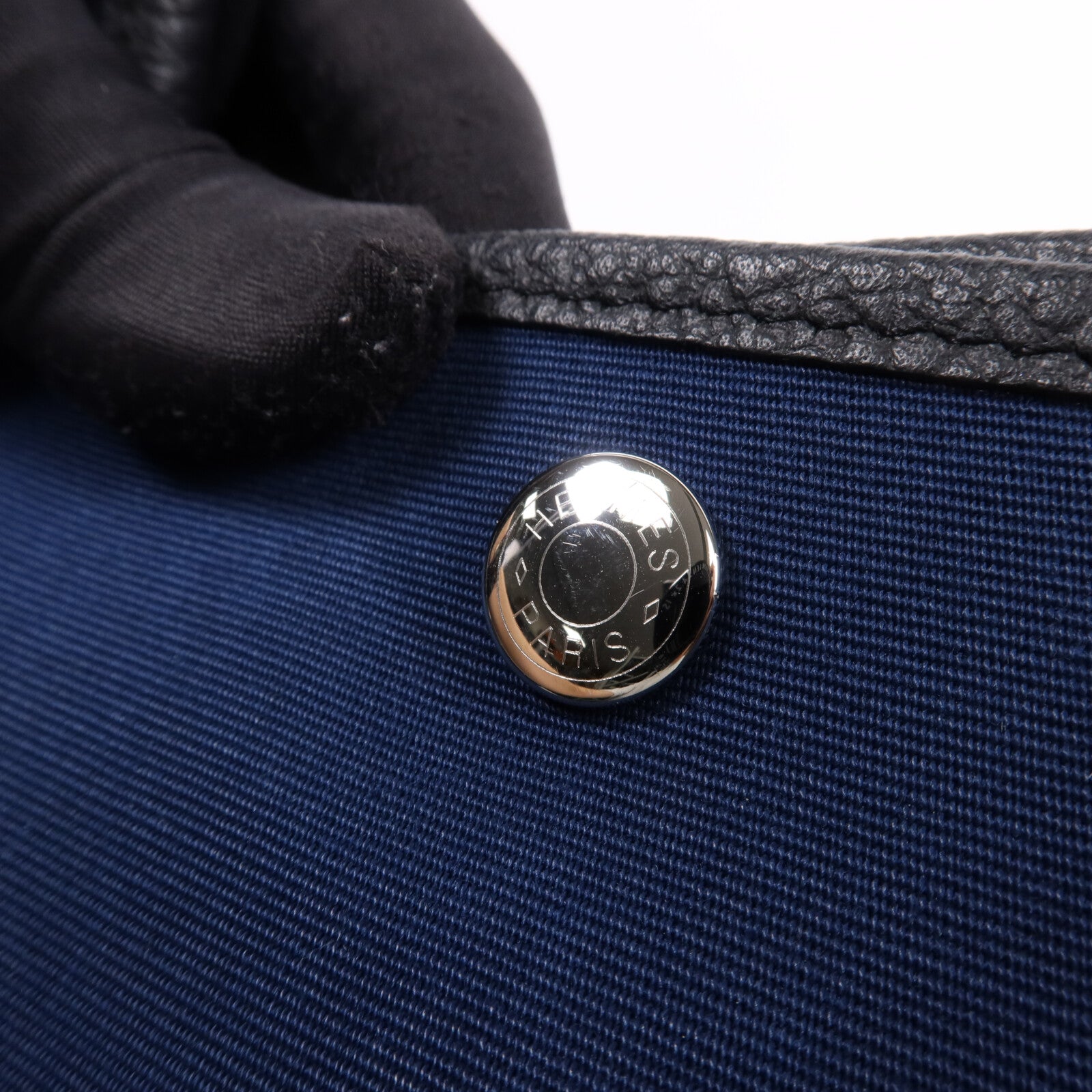 HERMES 帆布/皮革Garden Party PM銀扣手挽袋Leder Blue