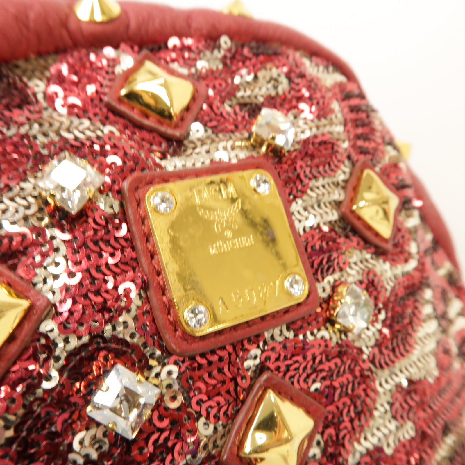 MCM 珠片Backpack金扣背包紅色