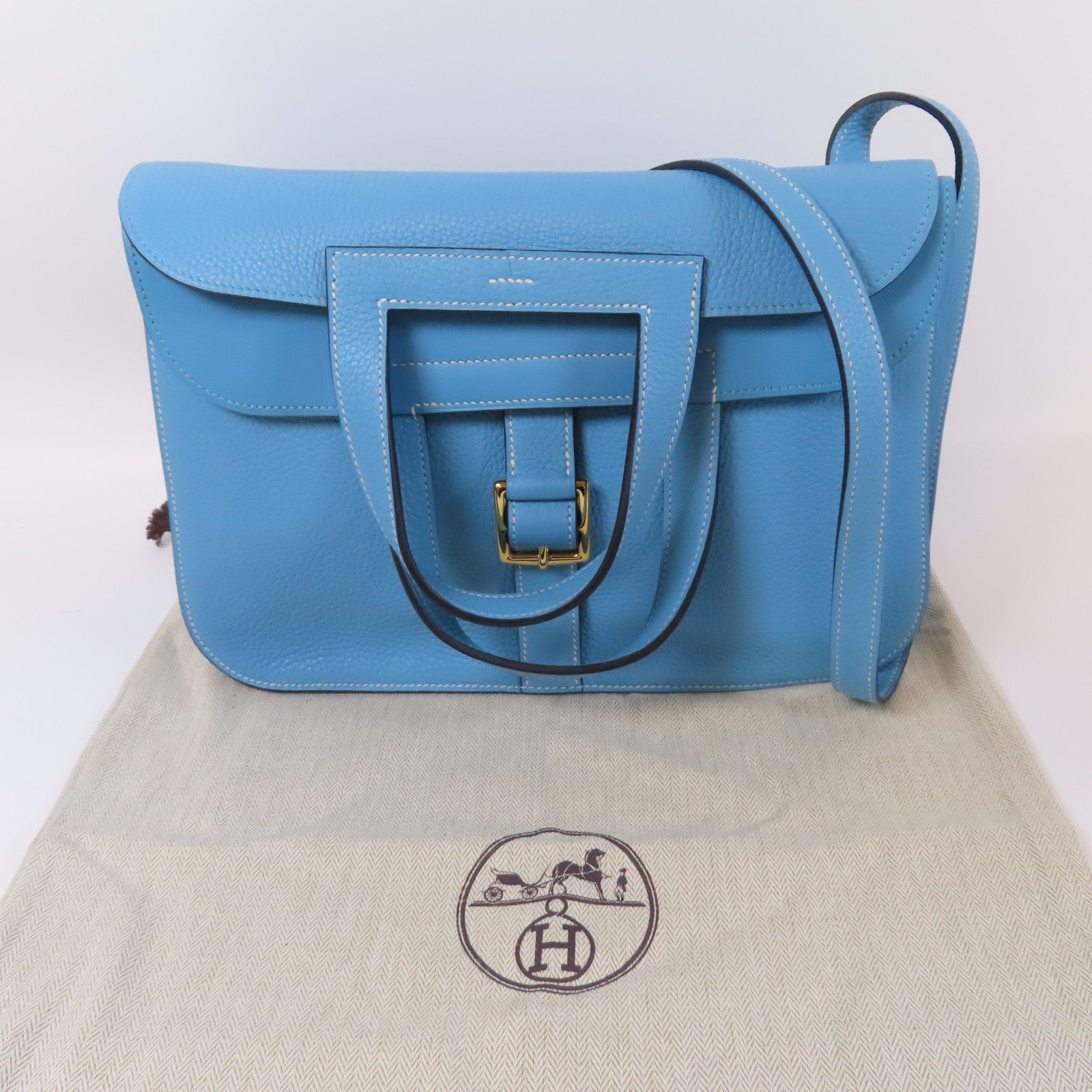 HERMES 牛皮皮革Halzan 31 2 Way Shoulder金扣手挽肩背兩用袋藍色