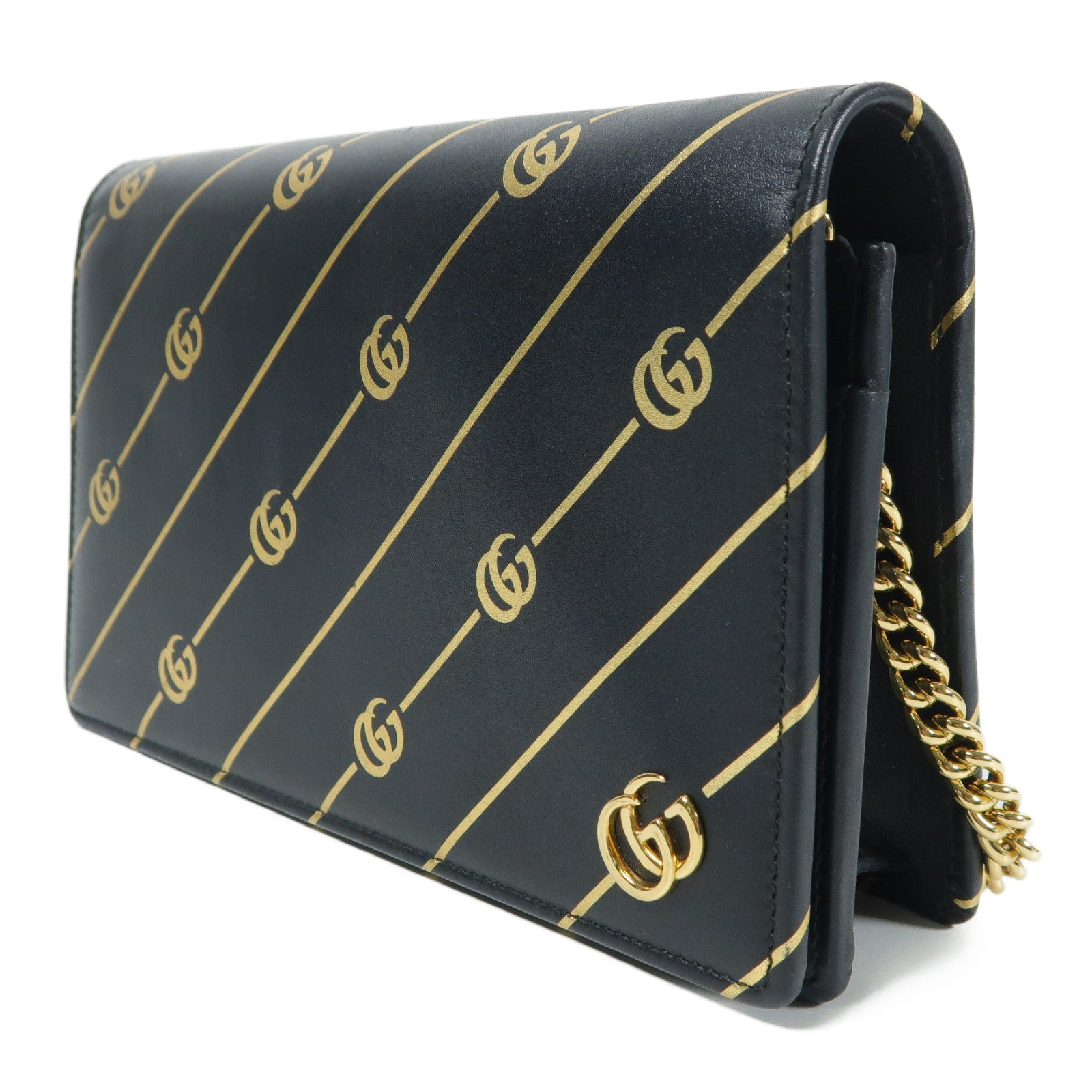 GUCCI GG GHW Chain Shoulder Bag Calfskin Leather Black