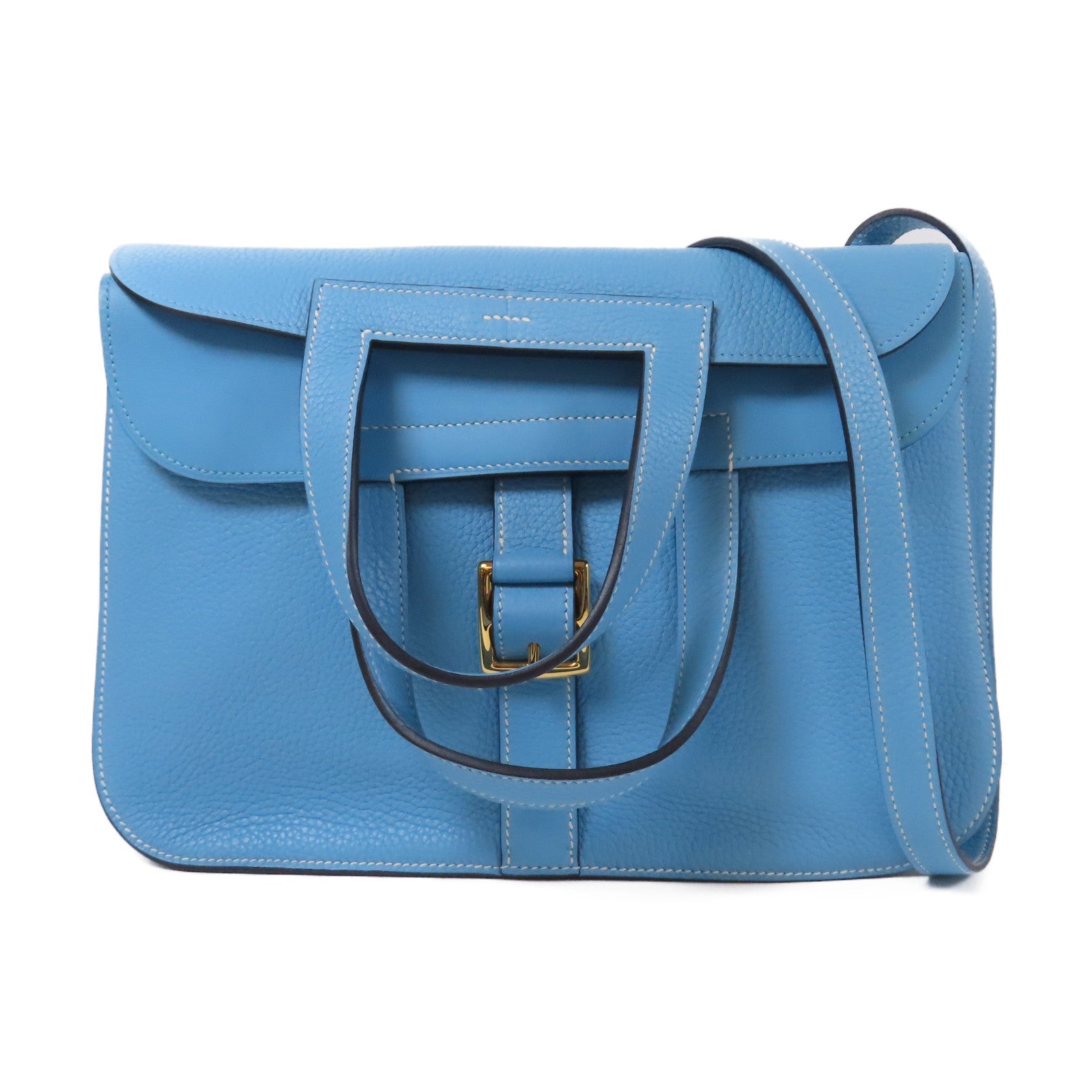 HERMES 牛皮皮革Halzan 31 2 Way Shoulder金扣手挽肩背兩用袋藍色