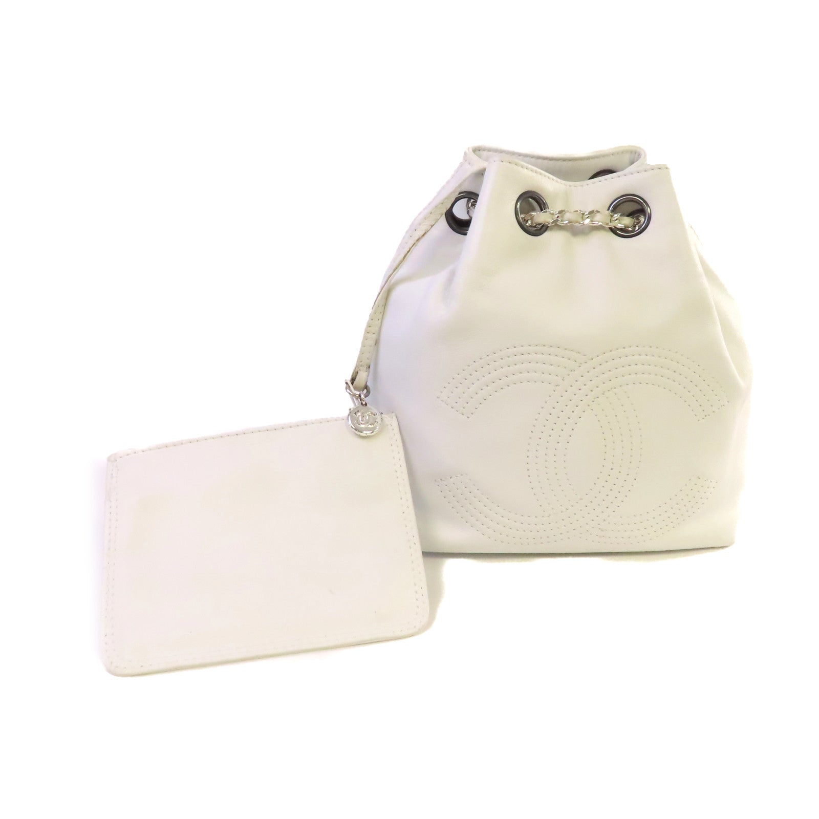 CHANEL 羊皮皮革Vintage Mini Bucket Backpack銀扣鏈帶背包白色