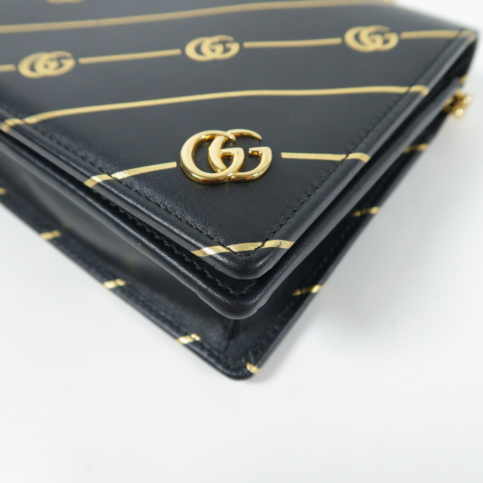GUCCI GG GHW Chain Shoulder Bag Calfskin Leather Black