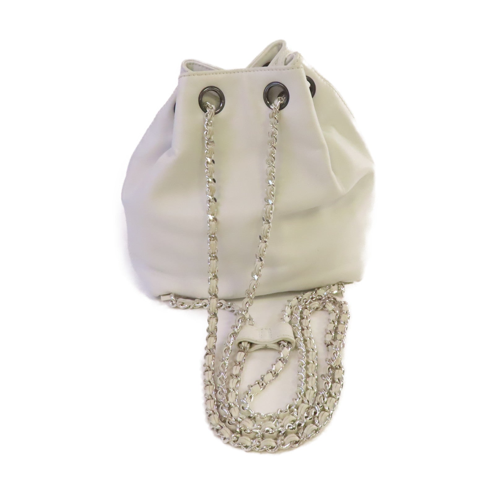 CHANEL 羊皮皮革Vintage Mini Bucket Backpack銀扣鏈帶背包白色