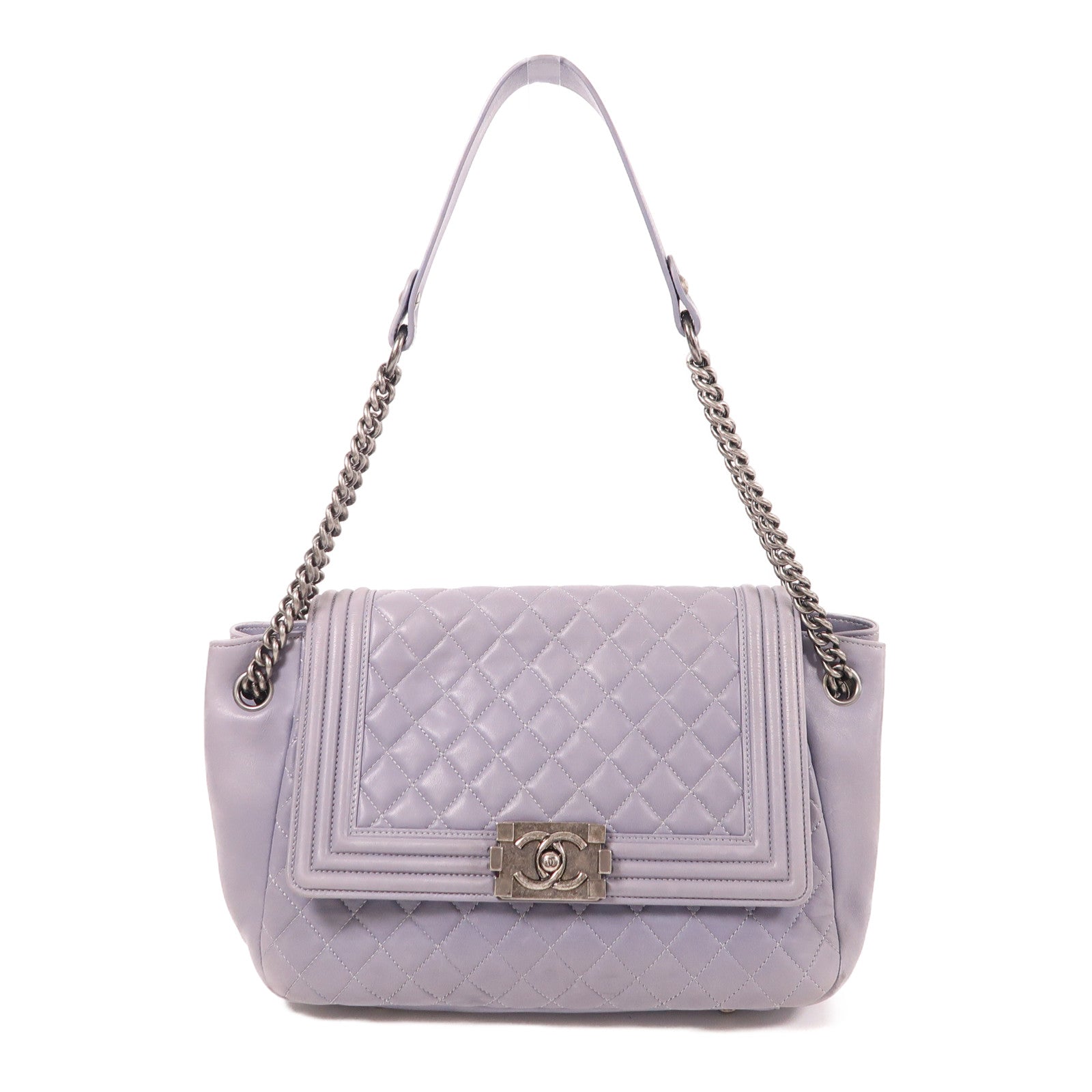 CHANEL CC Boy Accordion Flap Chain Shoulder Bag Lambskin Leather Purple