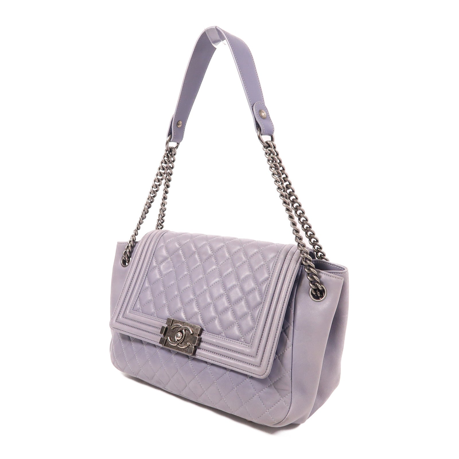 CHANEL CC Boy Accordion Flap Chain Shoulder Bag Lambskin Leather Purple