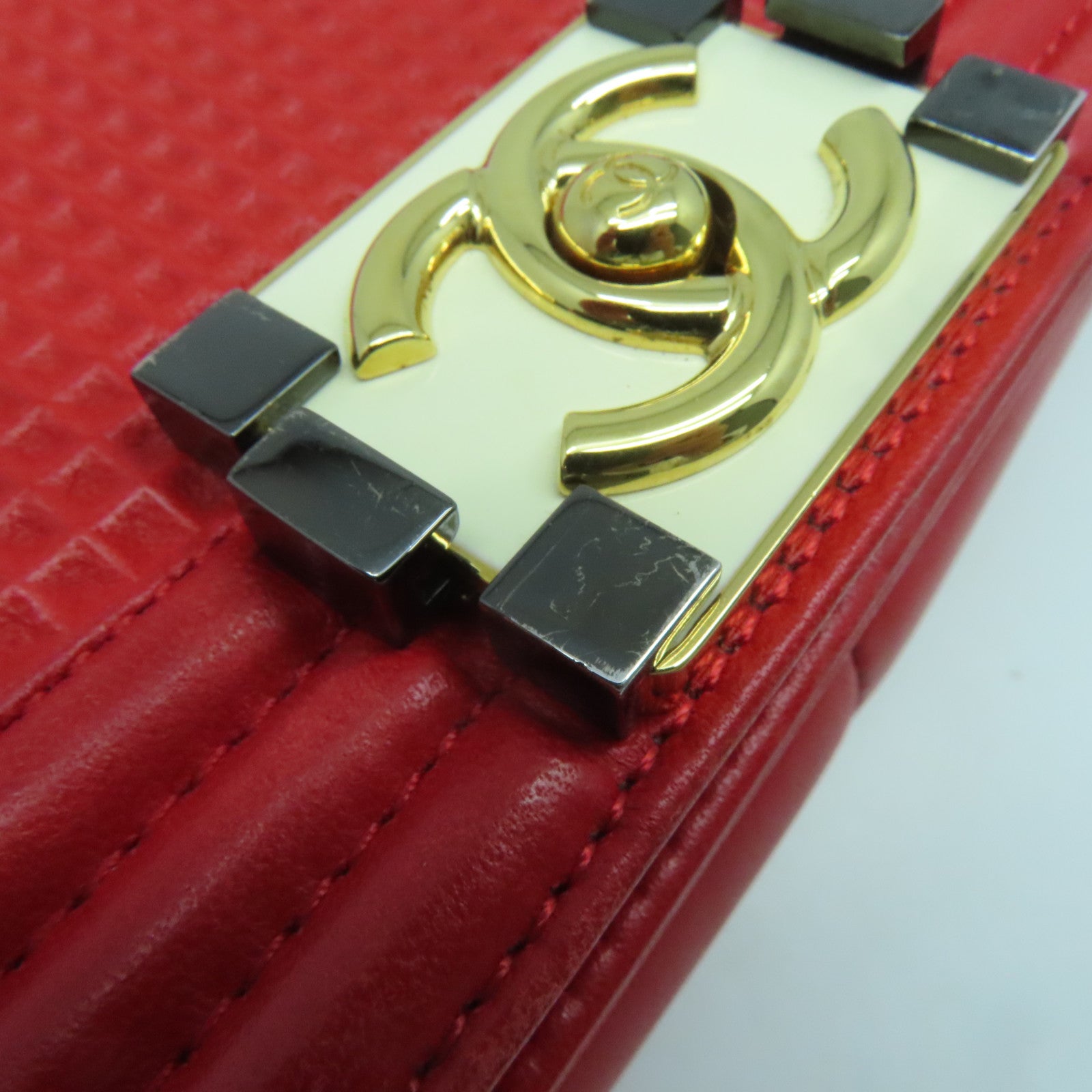 CHANEL 【清倉大減價】羊皮皮革Boy Chanel 25cm金扣鏈帶肩背袋紅色