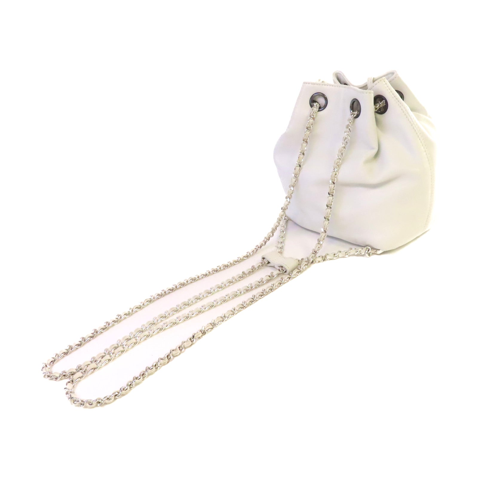 CHANEL 羊皮皮革Vintage Mini Bucket Backpack銀扣鏈帶背包白色