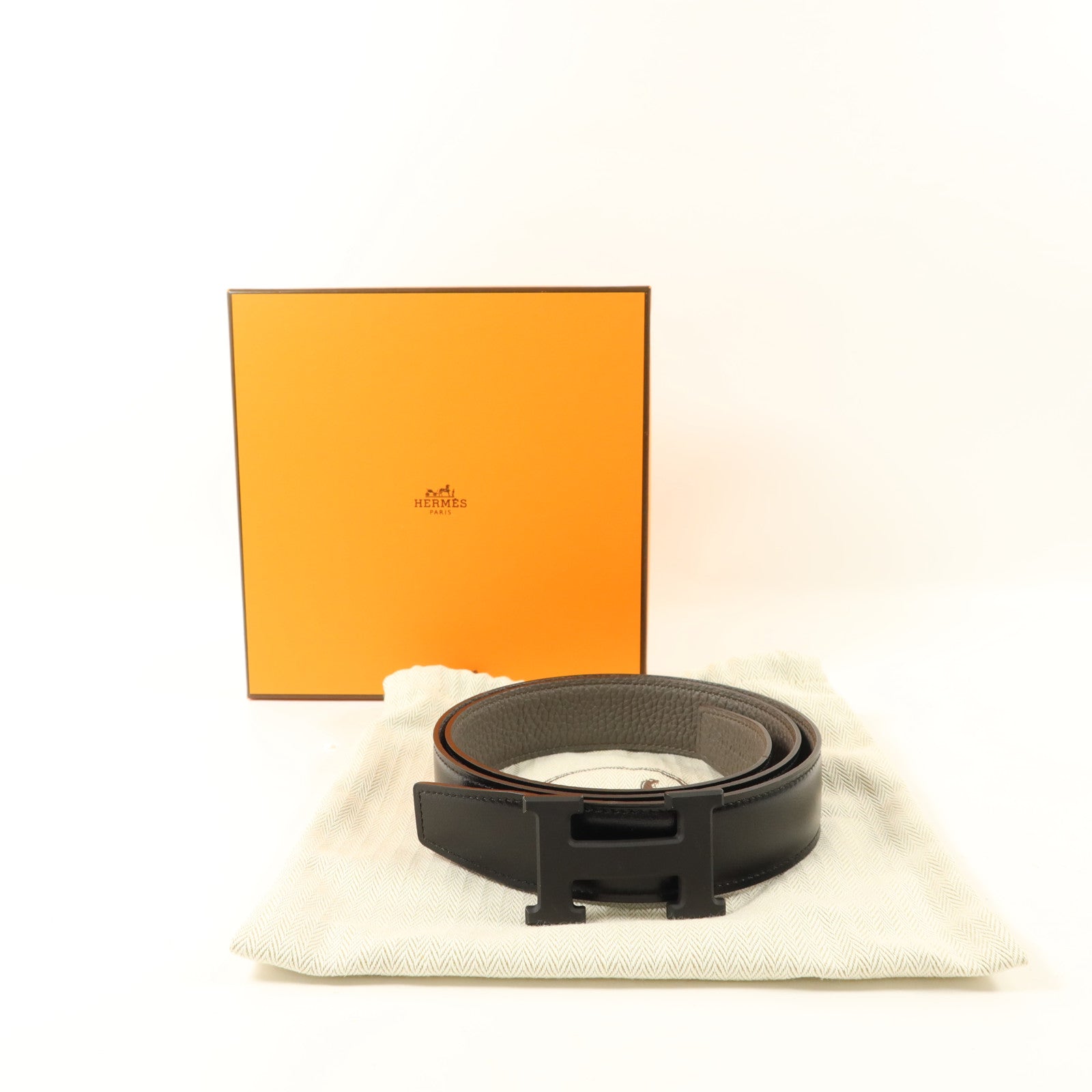 HERMES Box/Togo皮革Constance Reversible H腰帶Noir/Etain
