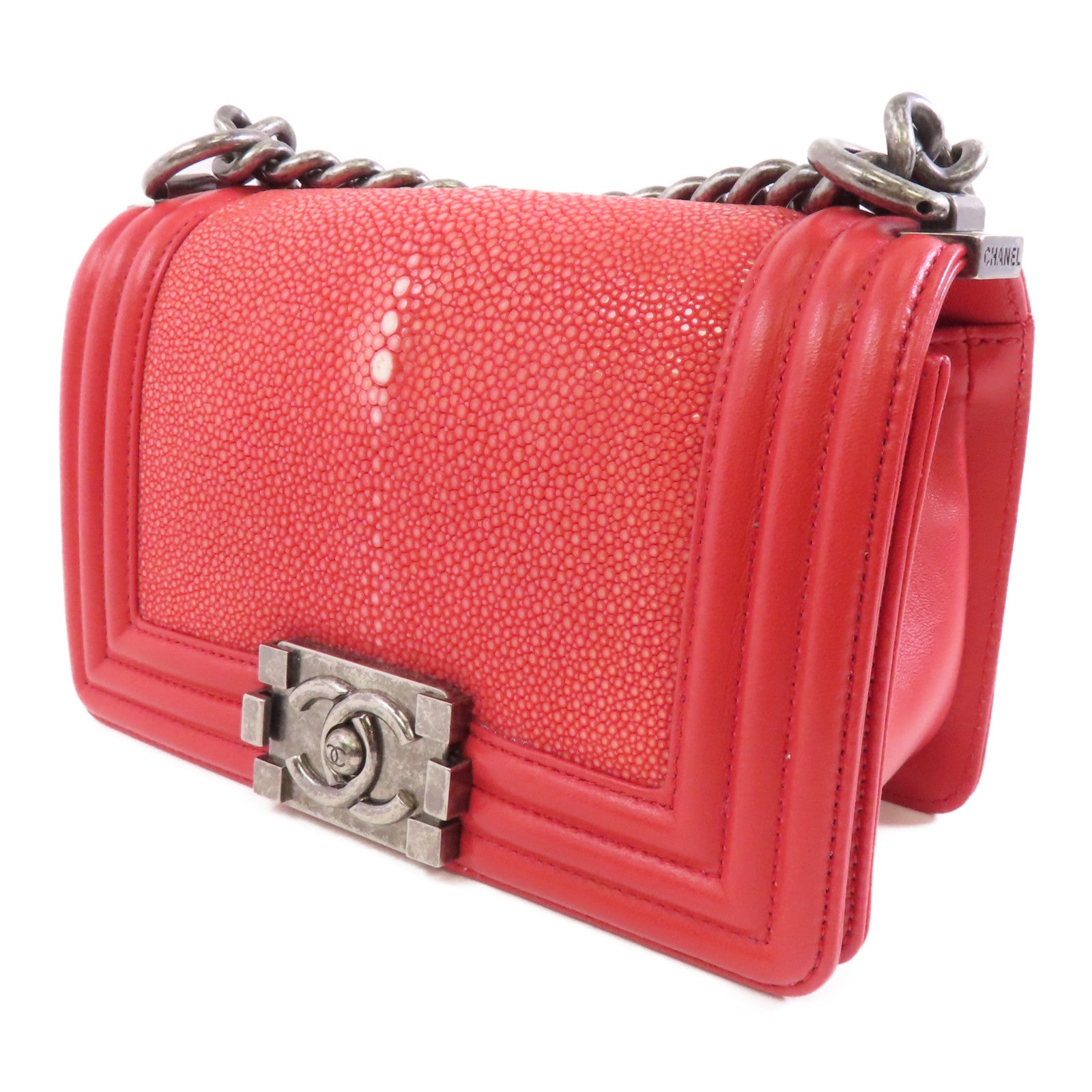 CHANEL 【激減優惠】Stingray皮革Boy Chanel銀扣鏈帶肩背袋紅色