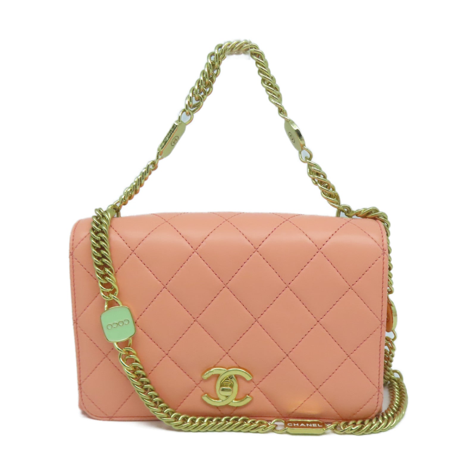 CHANEL 【激減優惠】菱格牛皮皮革Chain Shoulder金扣鏈帶肩背袋橙色