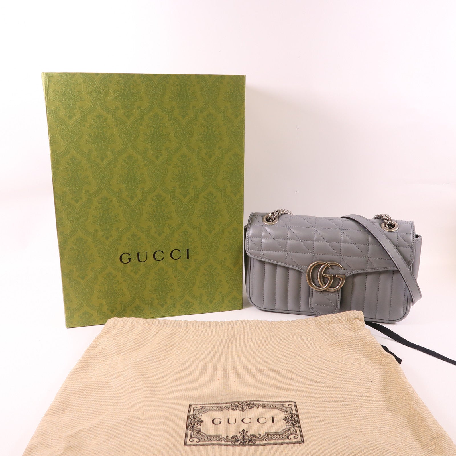 GUCCI 牛皮皮革GG Marmont銀扣鏈帶肩背袋