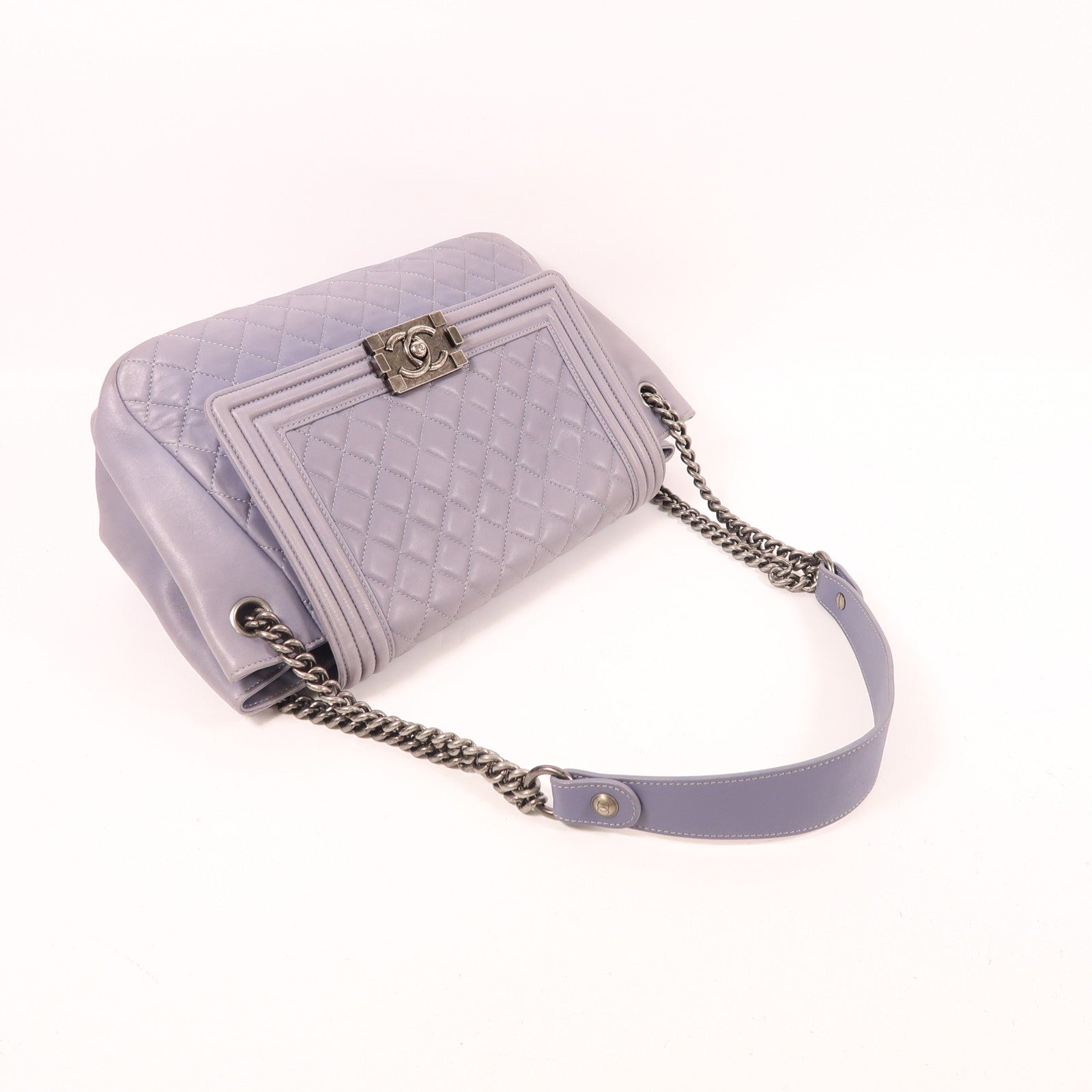 CHANEL CC Boy Accordion Flap Chain Shoulder Bag Lambskin Leather Purple