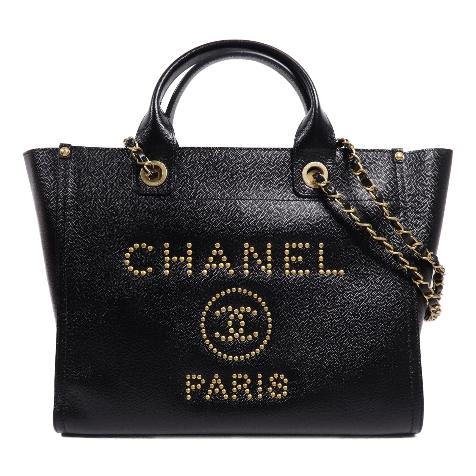CHANEL 牛皮皮革Deauville金扣鏈帶手挽肩背兩用袋