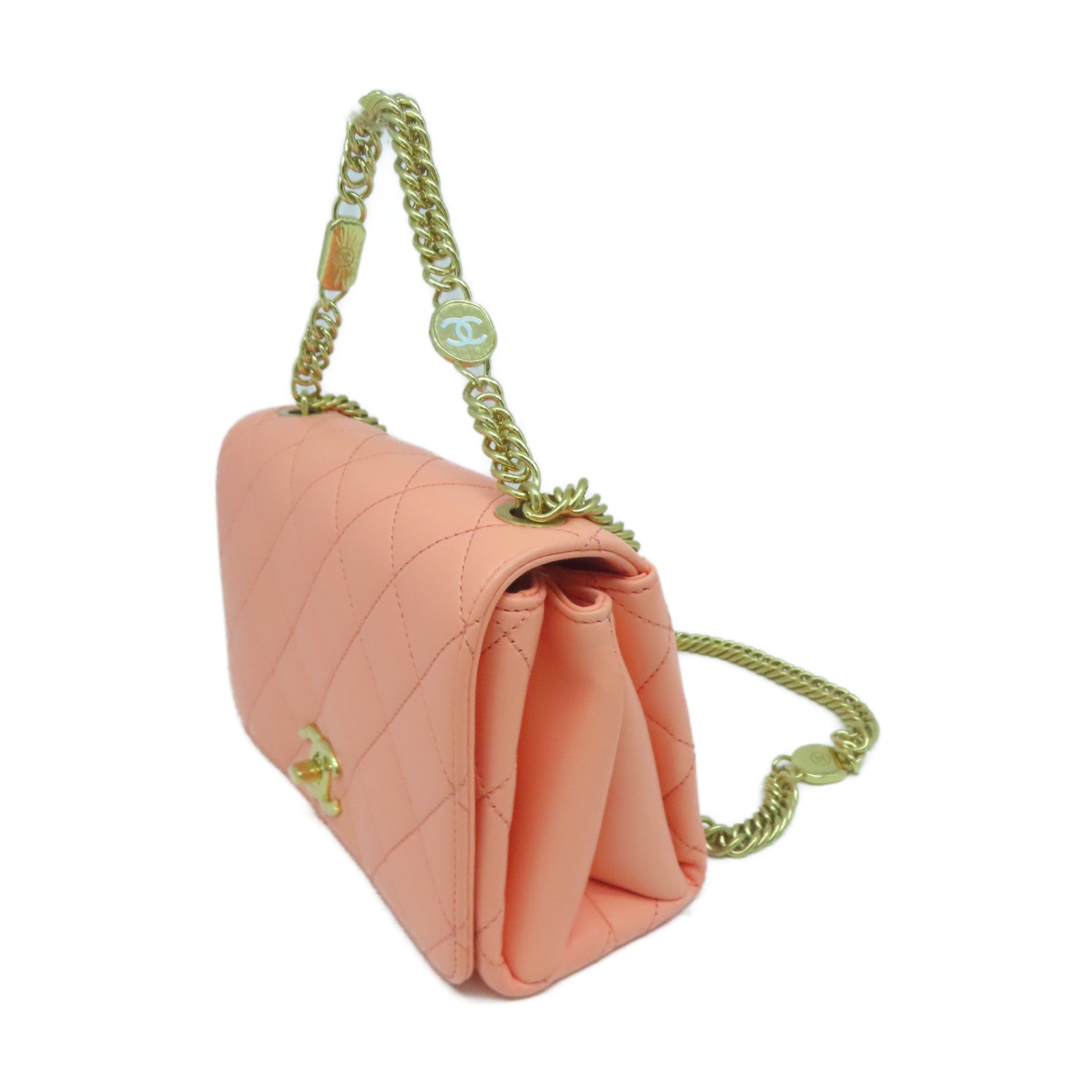 CHANEL 【激減優惠】菱格牛皮皮革Chain Shoulder金扣鏈帶肩背袋橙色