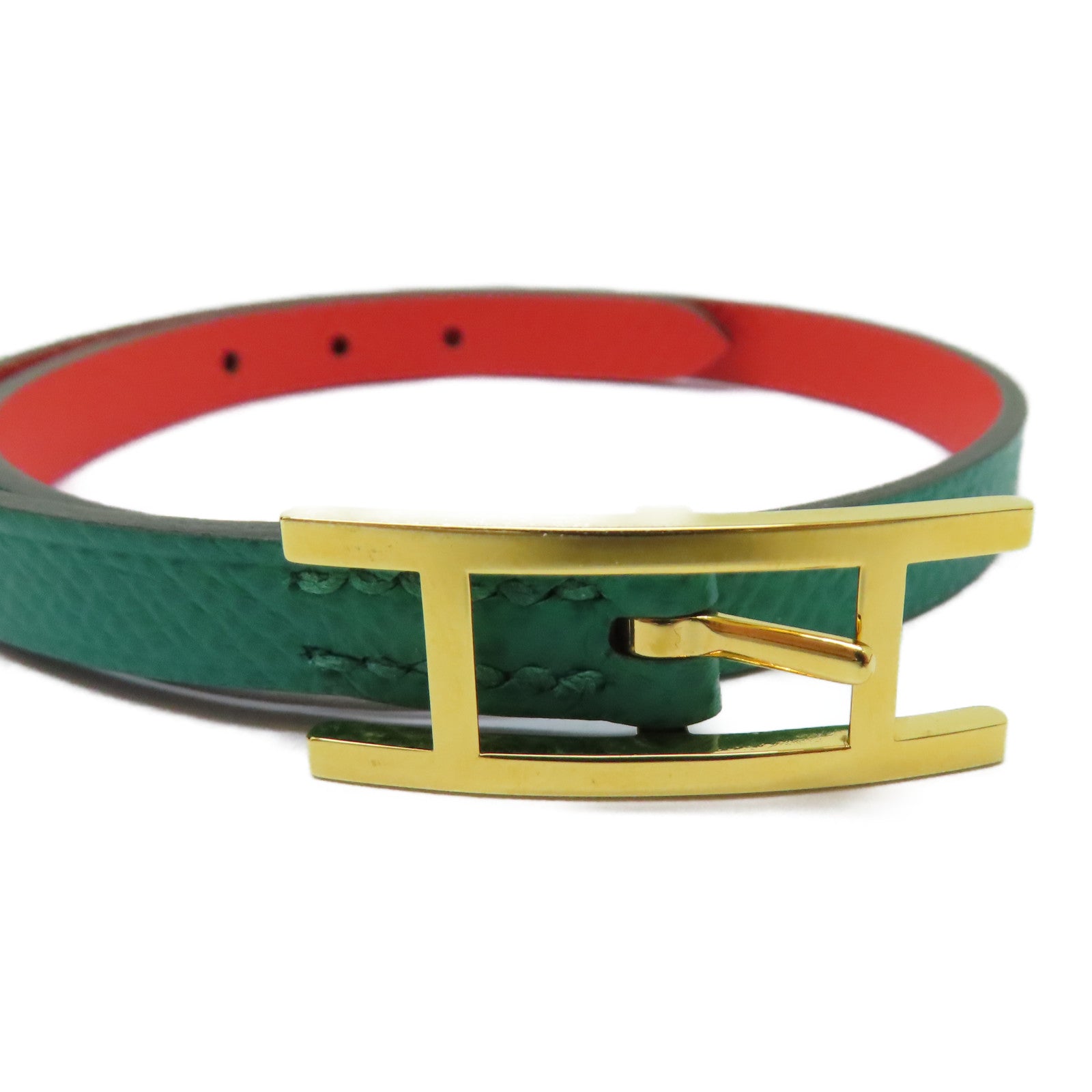 HERMES Epsom皮革Behapi Double Tour Bracelet金扣手帶綠色/紅色