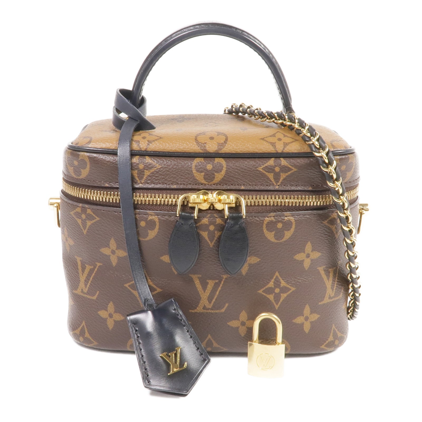 LOUIS VUITTON Monogram/Monogram Reverse Vanity PM金扣手挽肩背兩用袋棕色