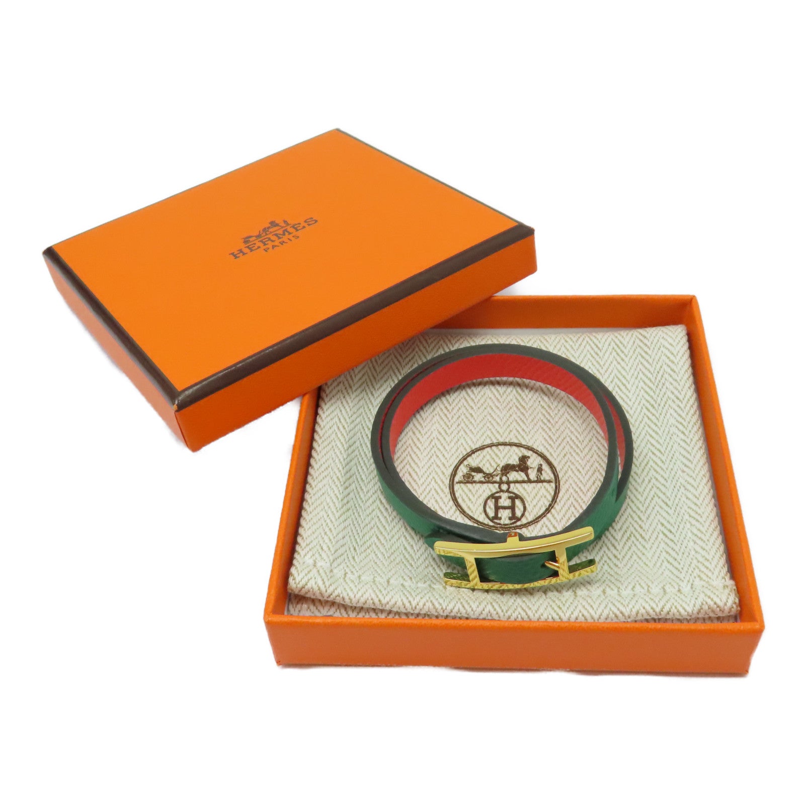 HERMES Epsom皮革Behapi Double Tour Bracelet金扣手帶綠色/紅色