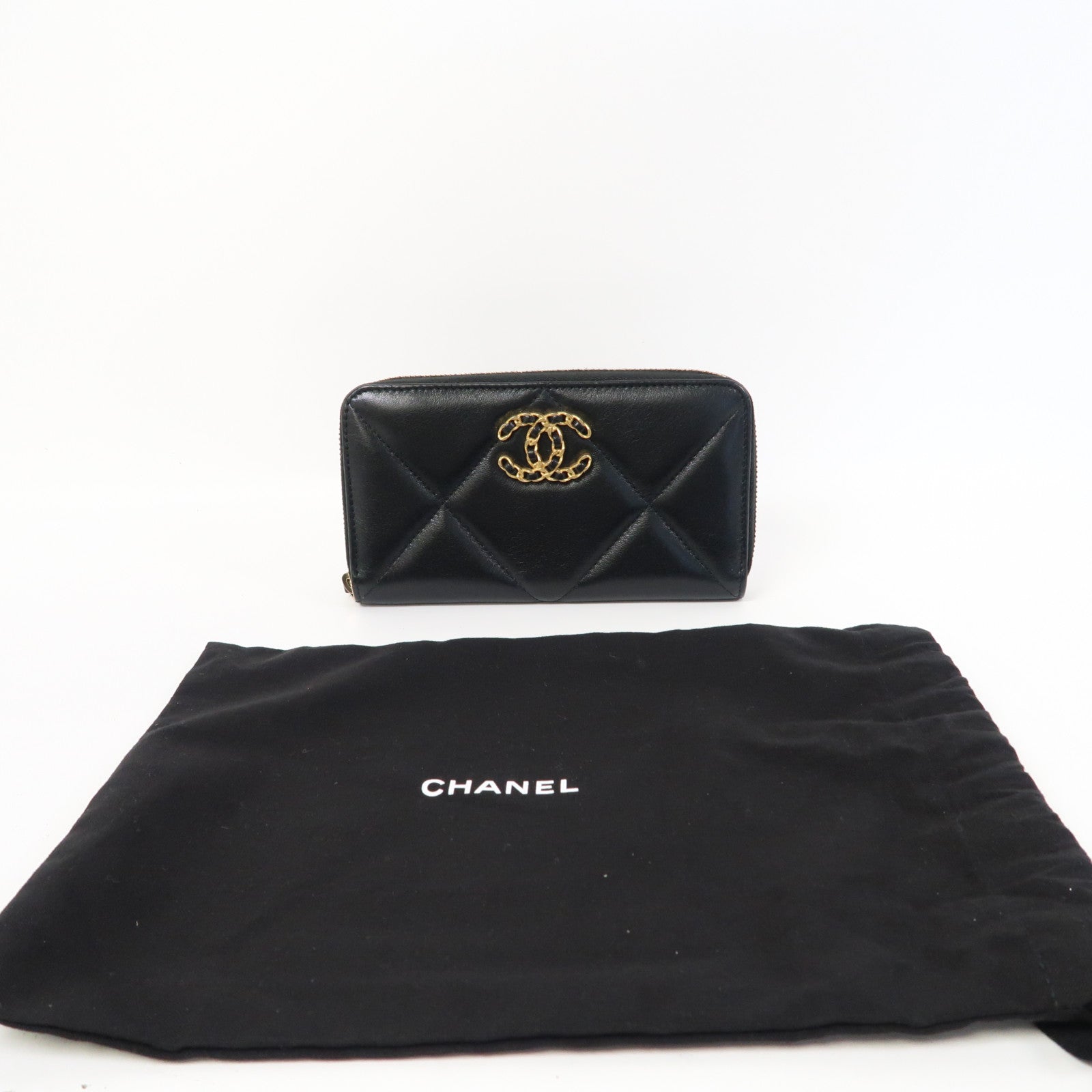 CHANEL 菱格羊皮皮革Wallet金扣錢包黑色