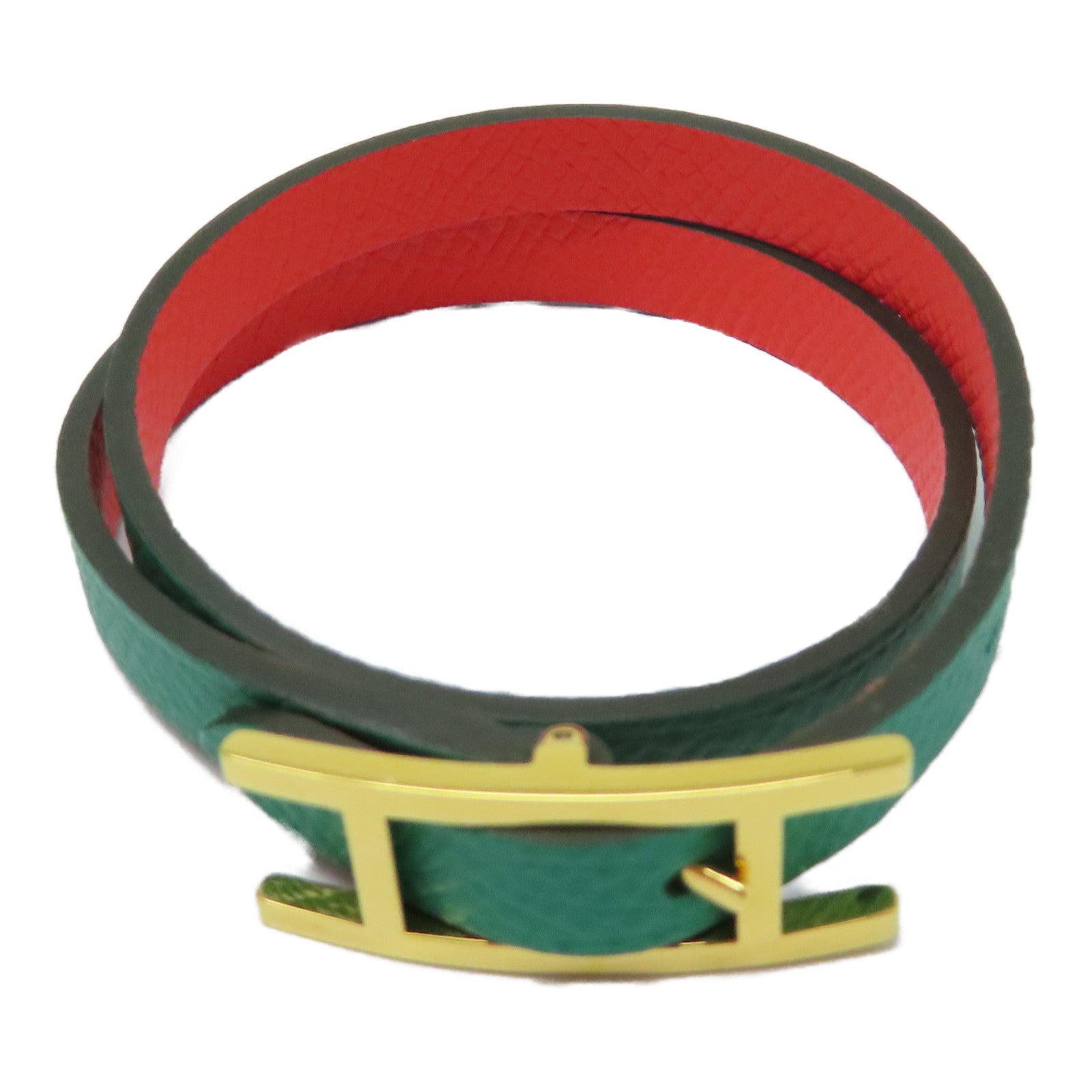 HERMES Epsom皮革Behapi Double Tour Bracelet金扣手帶綠色/紅色