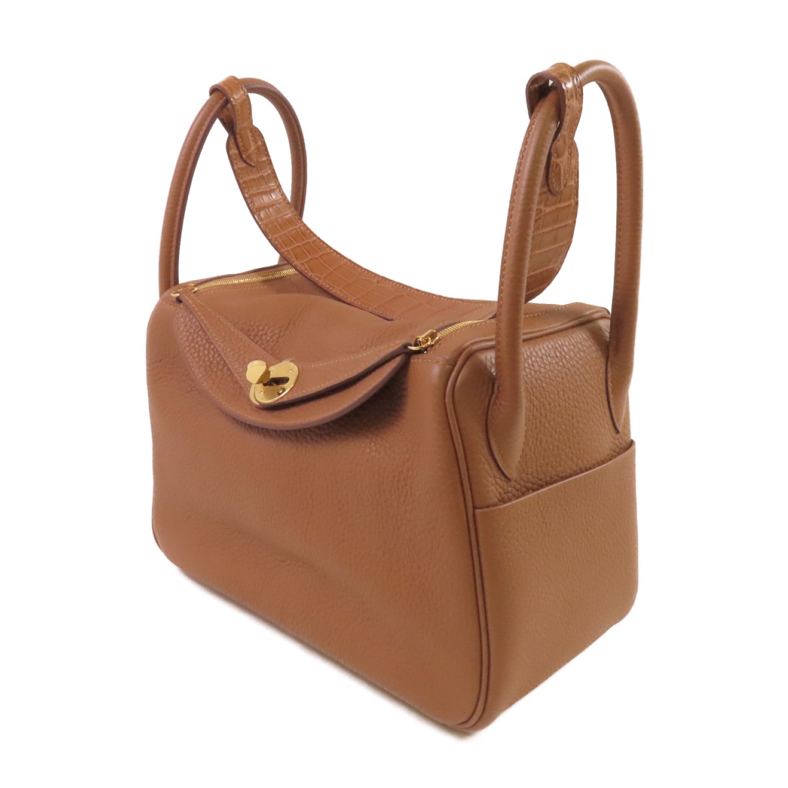 HERMES Clemence皮革/鱷魚皮革Lindy 26 Touch Shoulder Bag金扣肩背袋Gold/經典駝色
