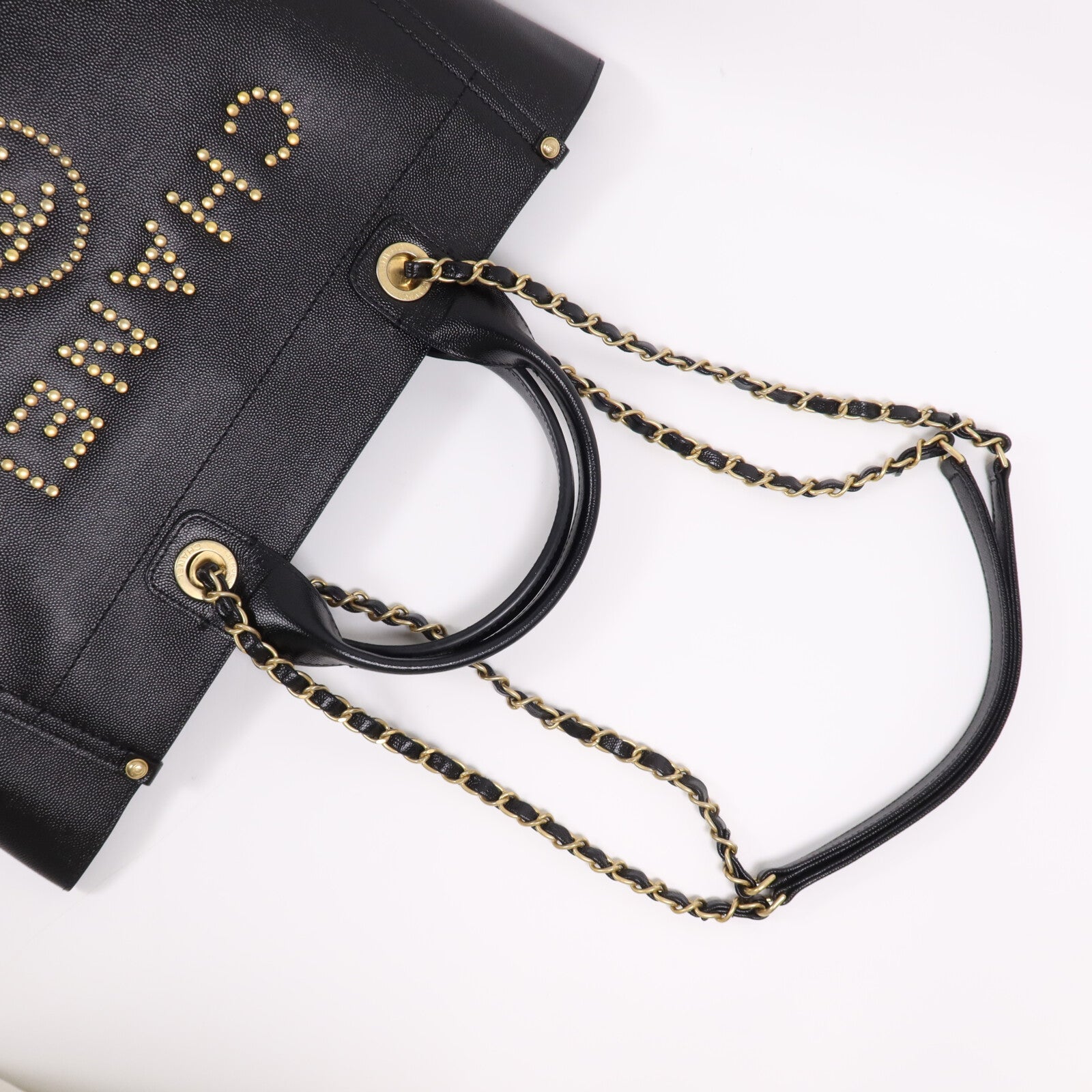 CHANEL 牛皮皮革Deauville金扣鏈帶手挽肩背兩用袋