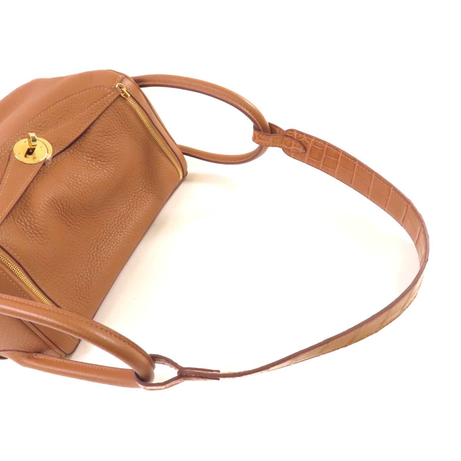 HERMES Clemence皮革/鱷魚皮革Lindy 26 Touch Shoulder Bag金扣肩背袋Gold/經典駝色