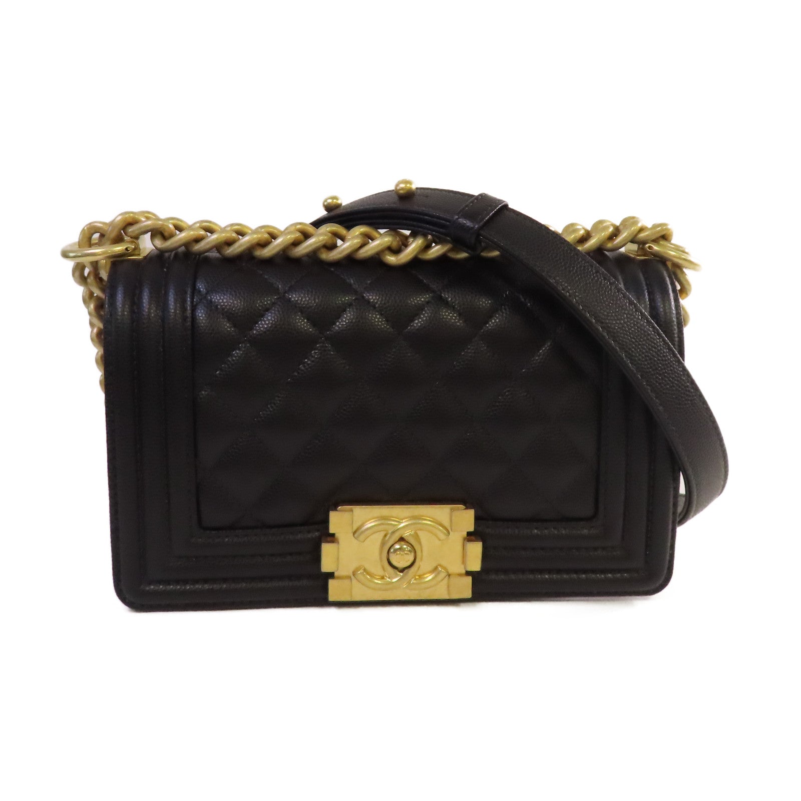 CHANEL 菱格Caviar皮革Boy Chanel 20 Chain Shoulder Bag金扣鏈帶肩背袋黑色