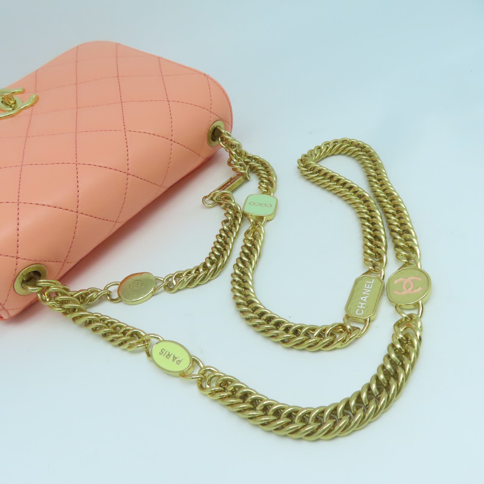 CHANEL 【激減優惠】菱格牛皮皮革Chain Shoulder金扣鏈帶肩背袋橙色