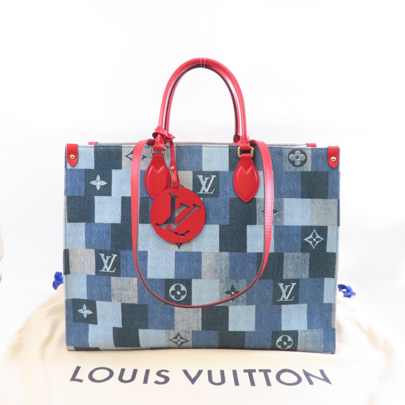 LOUIS VUITTON 【激減優惠】Monogram Denim OnTheGo金扣手挽肩背兩用袋藍色/紅色
