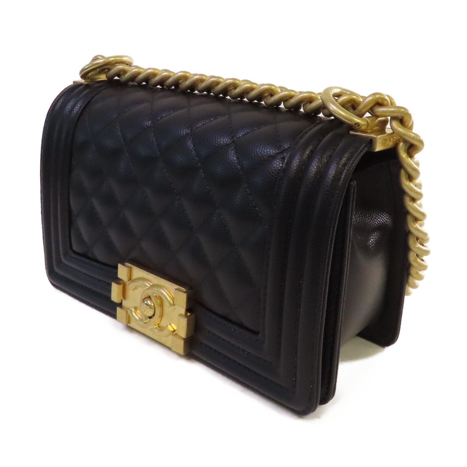 CHANEL 菱格Caviar皮革Boy Chanel 20 Chain Shoulder Bag金扣鏈帶肩背袋黑色