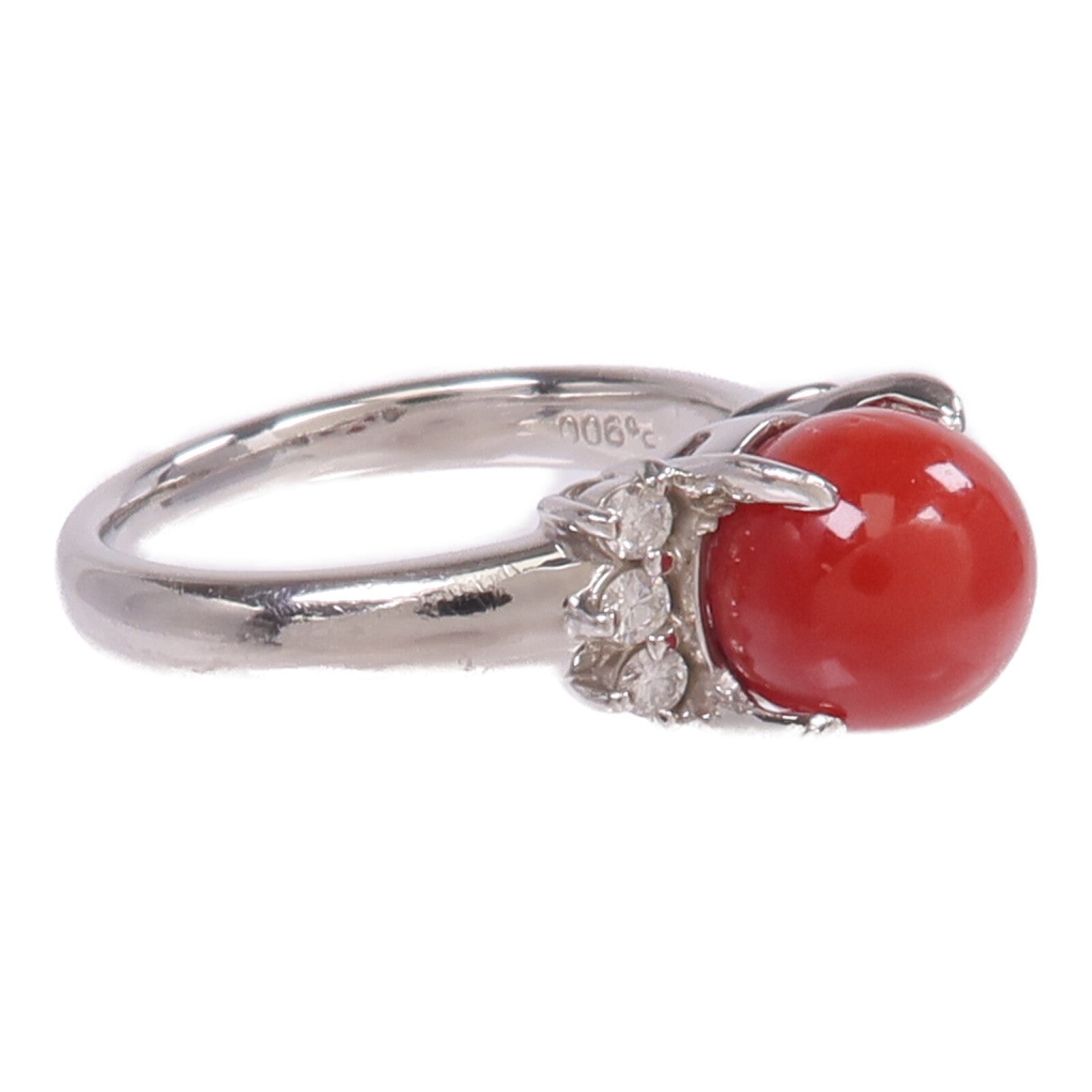JEWELRY 【激減優惠】PT900鉑金Coral Diamond Ring珊瑚/鑽石戒指US#6