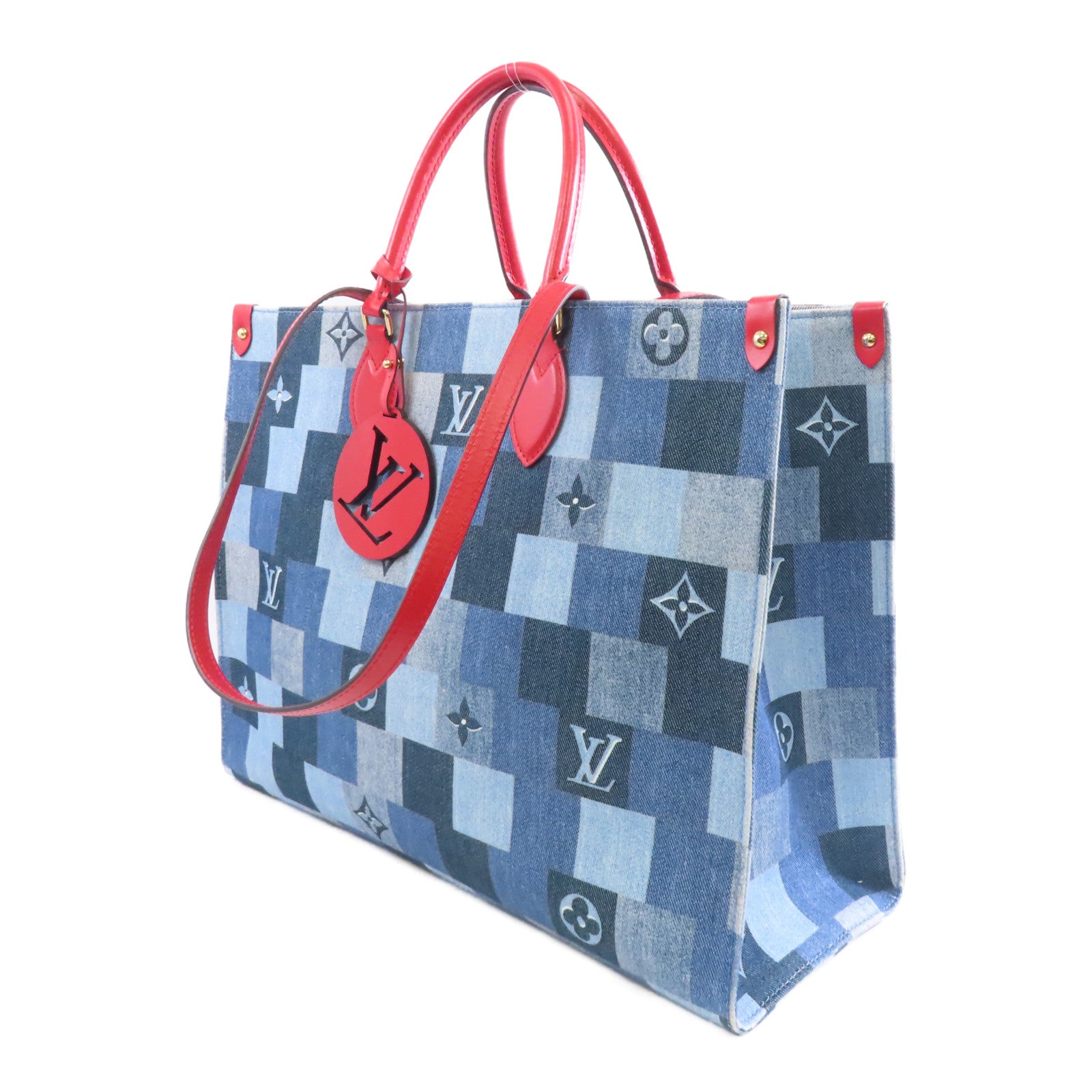LOUIS VUITTON 【激減優惠】Monogram Denim OnTheGo金扣手挽肩背兩用袋藍色/紅色