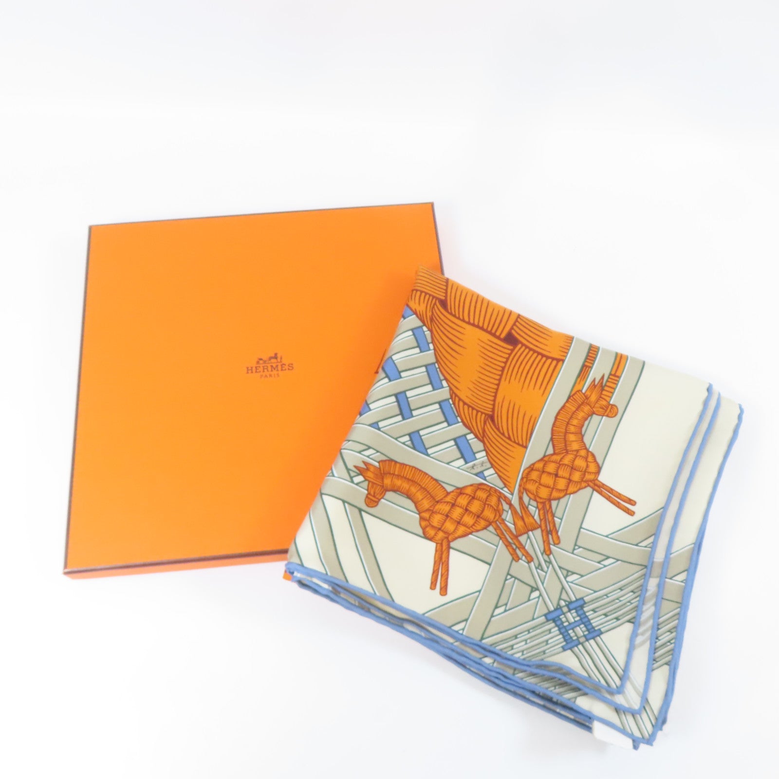 HERMES 絲質Scarf 90x90cm絲巾米色/紅色/橙色
