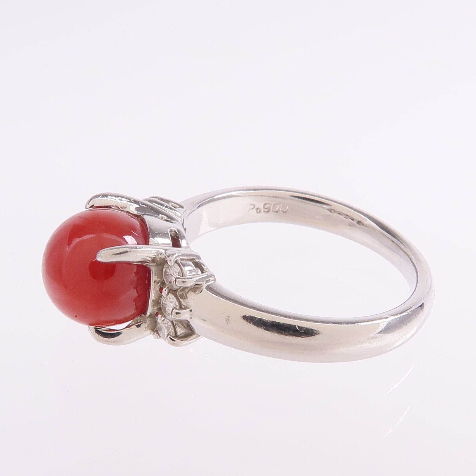 JEWELRY 【激減優惠】PT900鉑金Coral Diamond Ring珊瑚/鑽石戒指US#6