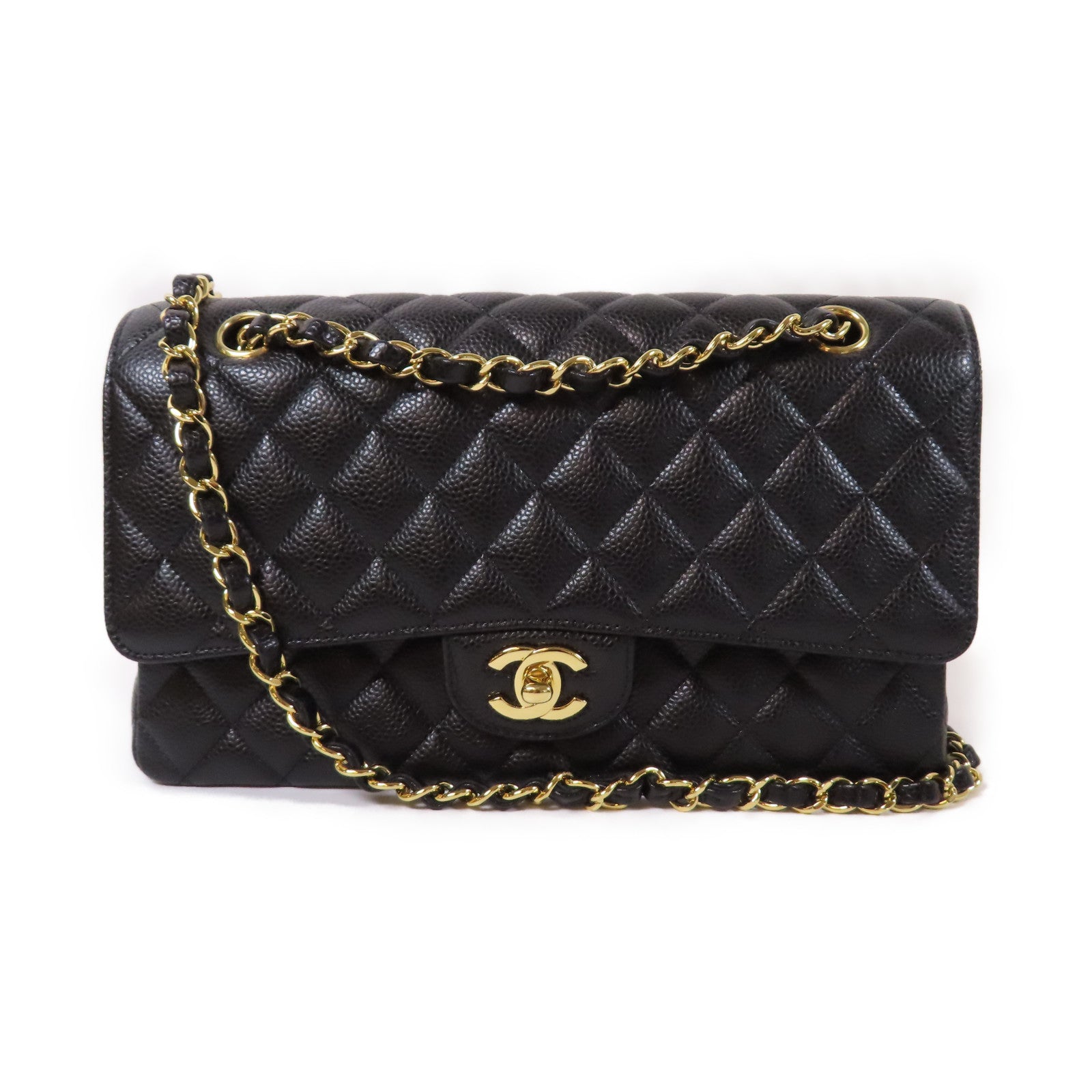 CHANEL 菱格Caviar皮革Classic Flap Bag金扣鏈帶肩背袋黑色