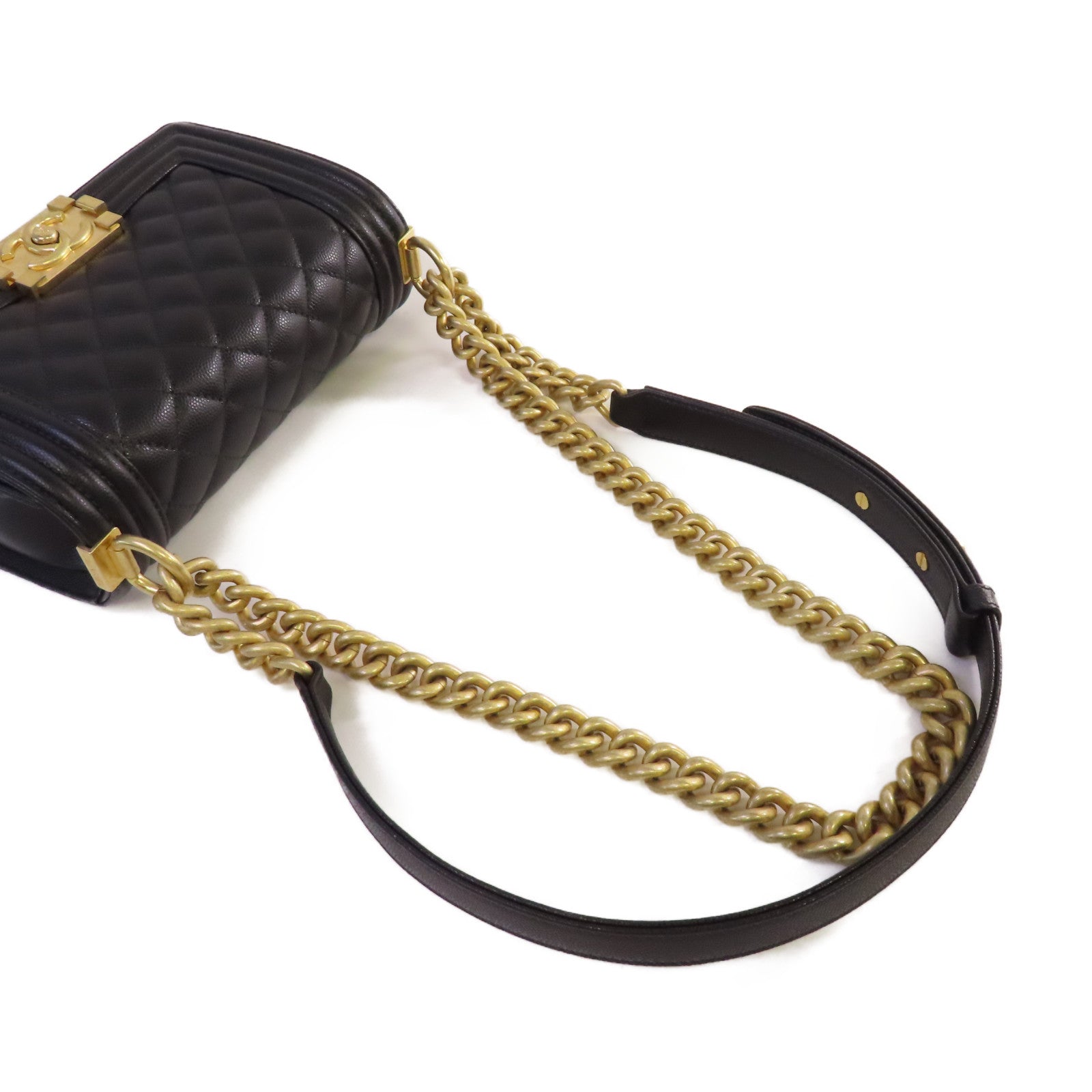 CHANEL 菱格Caviar皮革Boy Chanel 20 Chain Shoulder Bag金扣鏈帶肩背袋黑色
