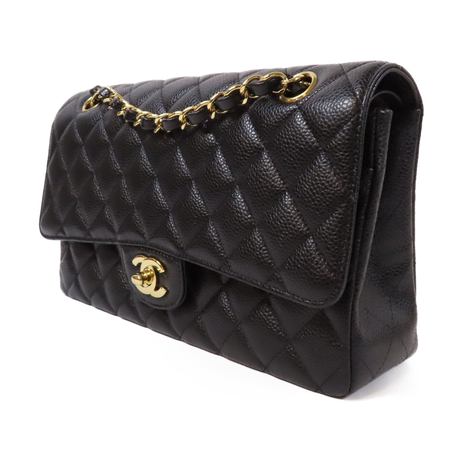 CHANEL 菱格Caviar皮革Classic Flap Bag金扣鏈帶肩背袋黑色