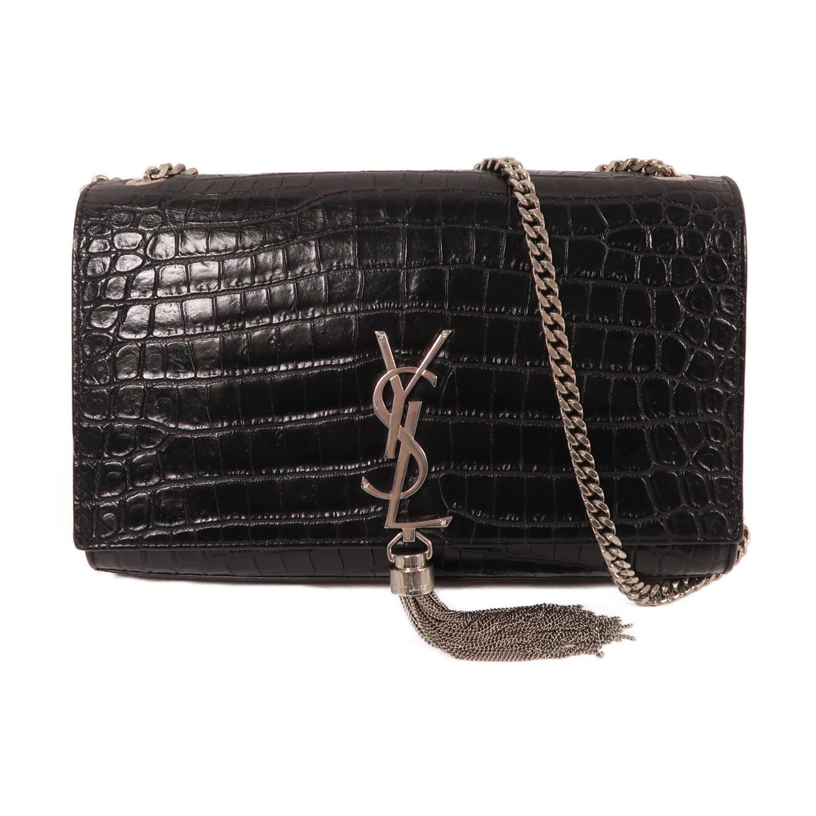 YVES SAINT LAURENT 牛皮皮革Kate銀扣鏈帶肩背袋黑色