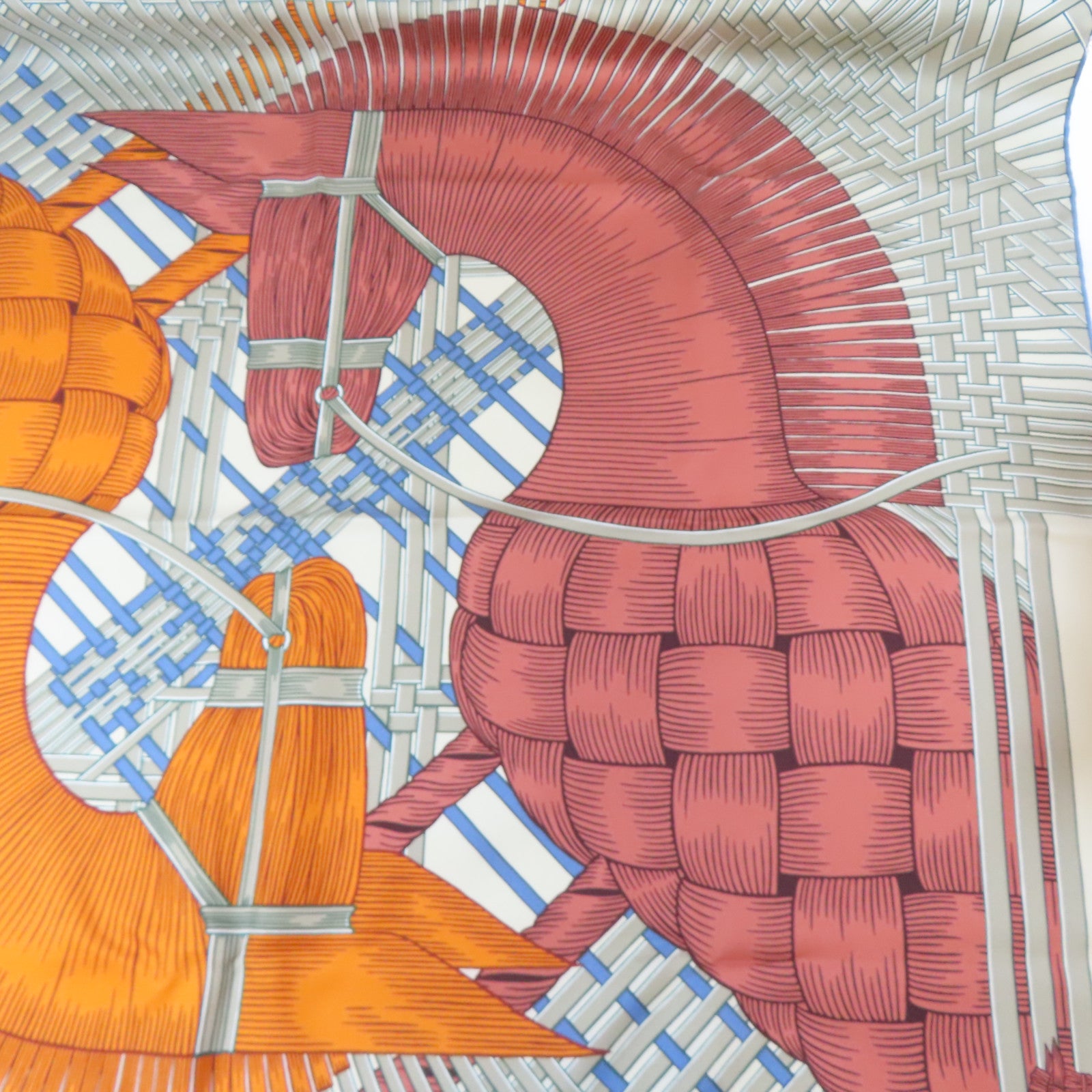HERMES 絲質Scarf 90x90cm絲巾米色/紅色/橙色