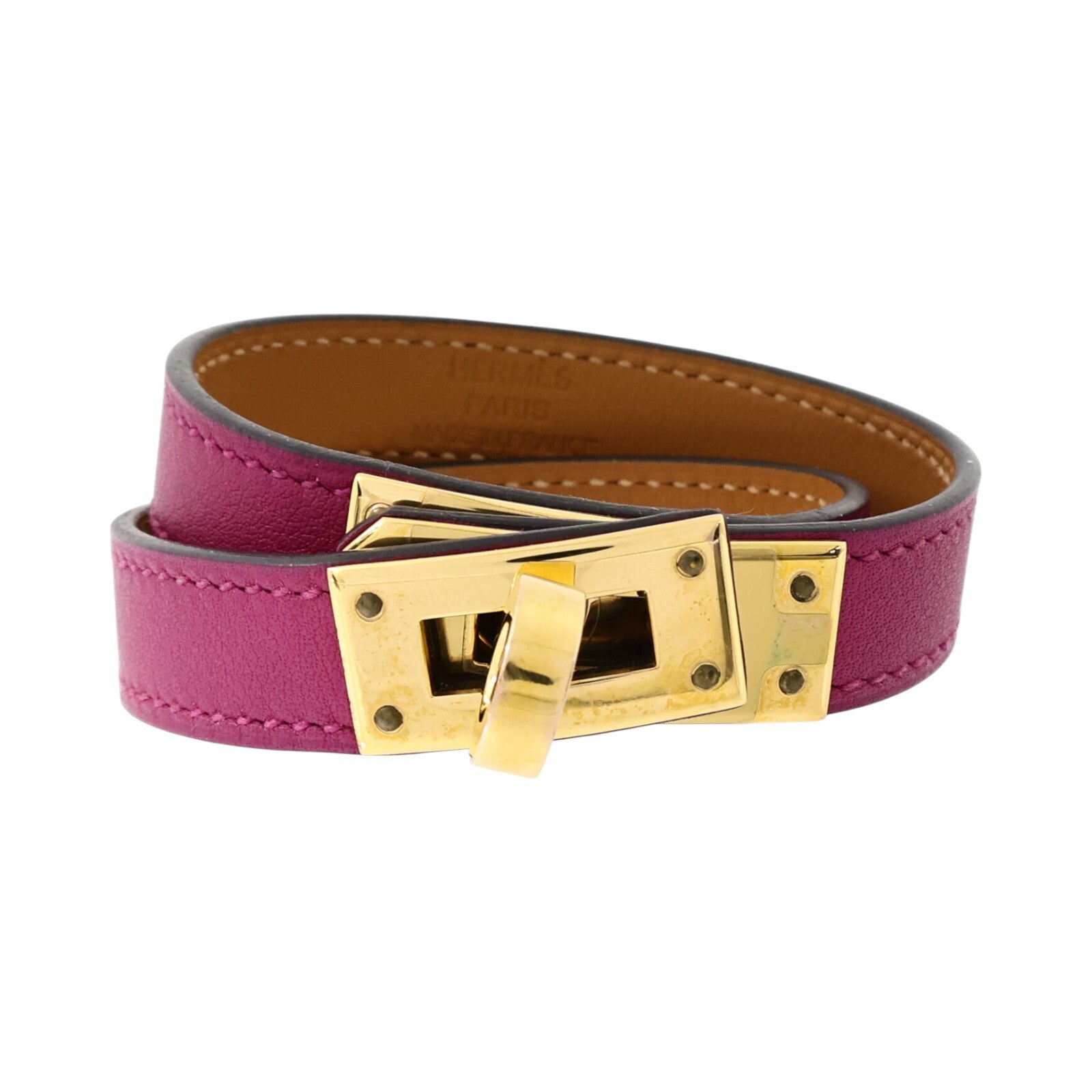 HERMES Swift皮革Kelly Double Tour Bracelet金扣手鏈Rose Pourpre