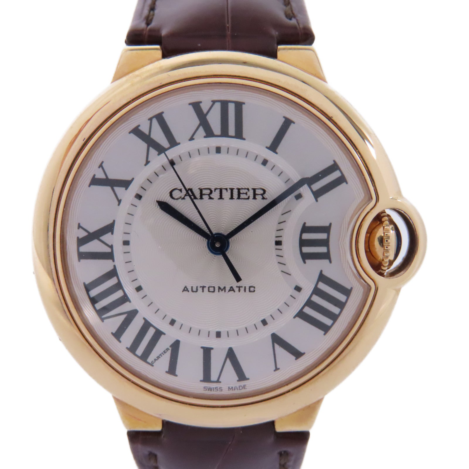 CARTIER Ballon Blue18K玫瑰金/皮革帶手錶自動機芯銀色