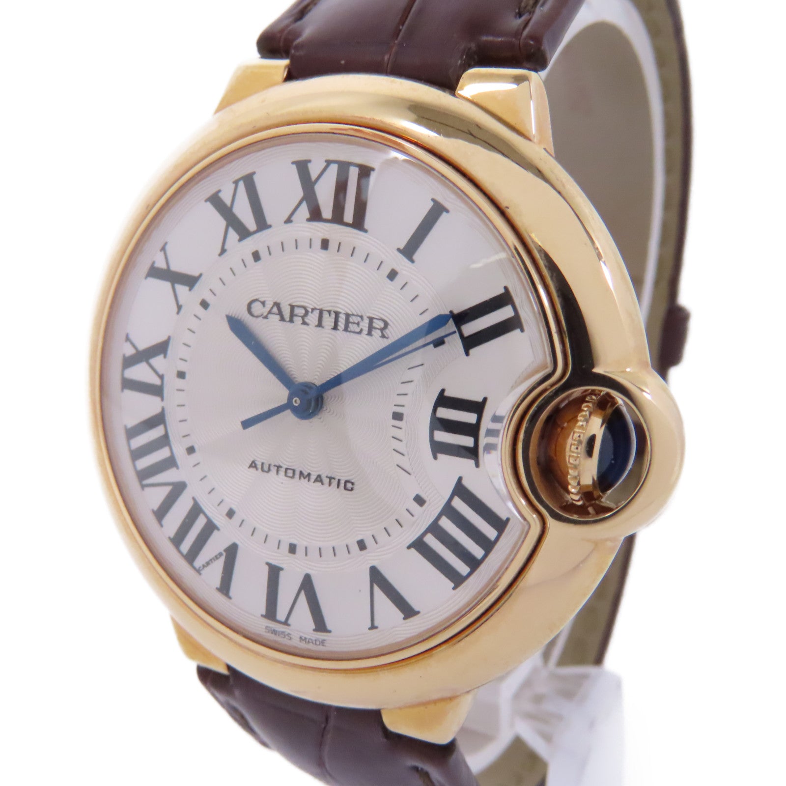 CARTIER Ballon Blue18K玫瑰金/皮革帶手錶自動機芯銀色