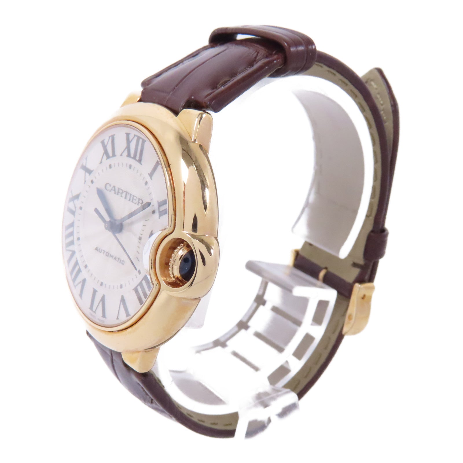 CARTIER Ballon Blue18K玫瑰金/皮革帶手錶自動機芯銀色