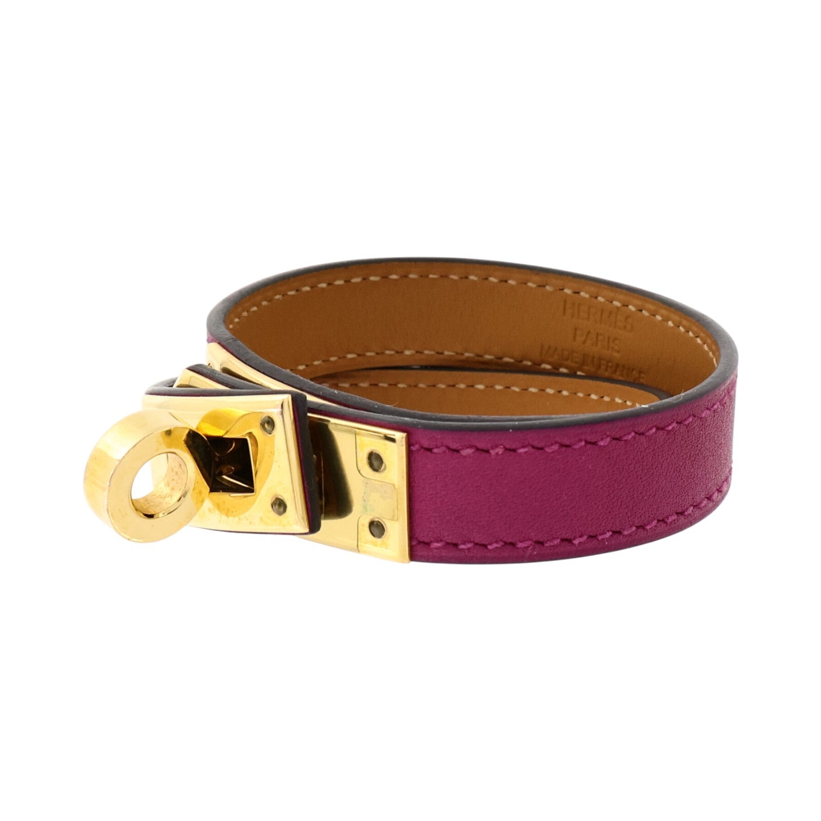 HERMES Swift皮革Kelly Double Tour Bracelet金扣手鏈Rose Pourpre