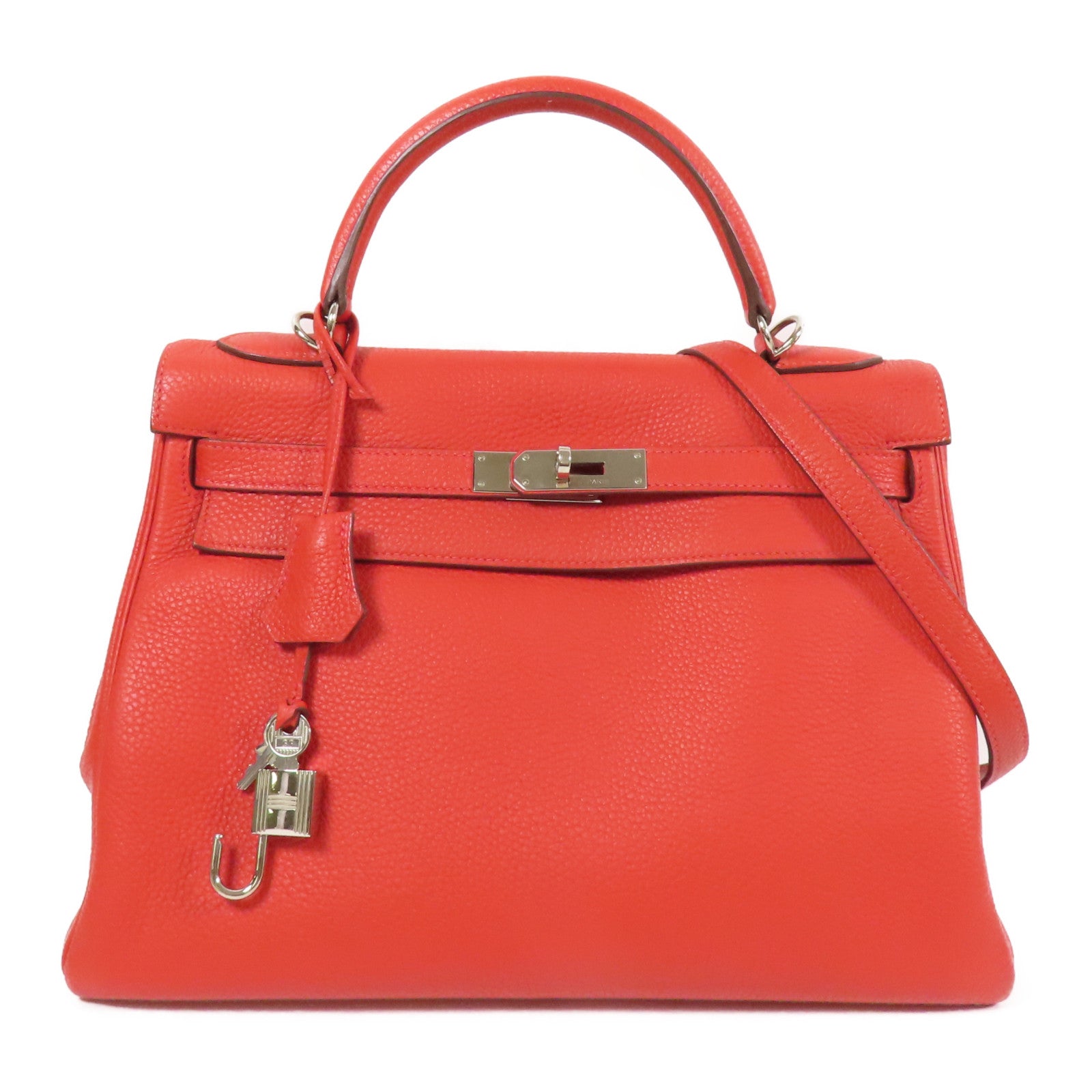 HERMES Clemence皮革Kelly 32銀扣手挽肩背兩用袋Rouge Casaque