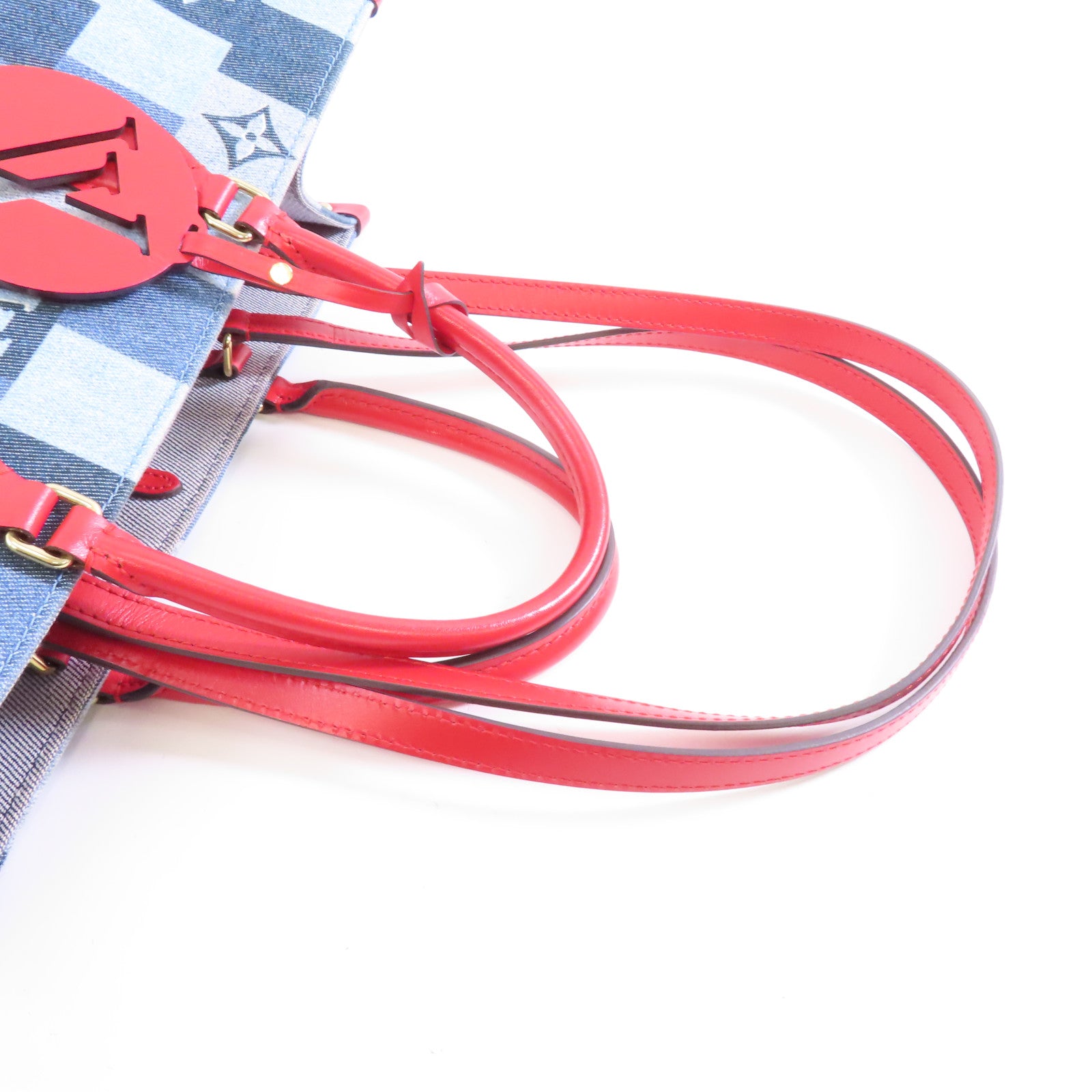 LOUIS VUITTON 【激減優惠】Monogram Denim OnTheGo金扣手挽肩背兩用袋藍色/紅色